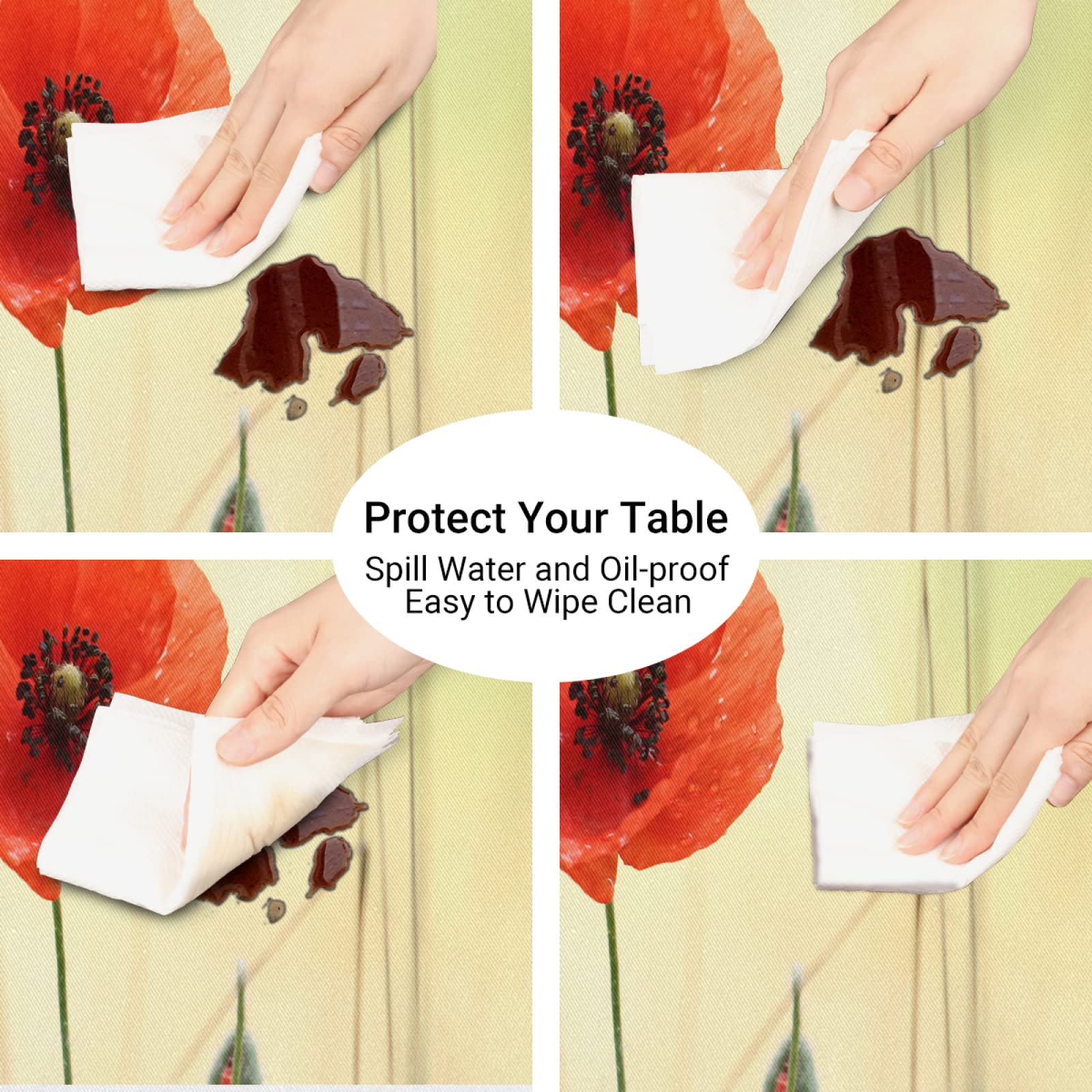 Premium Red Poppy Pattern Waterproof Vinyl Tablecloth - Elastic Edged Fitted Cover for 45