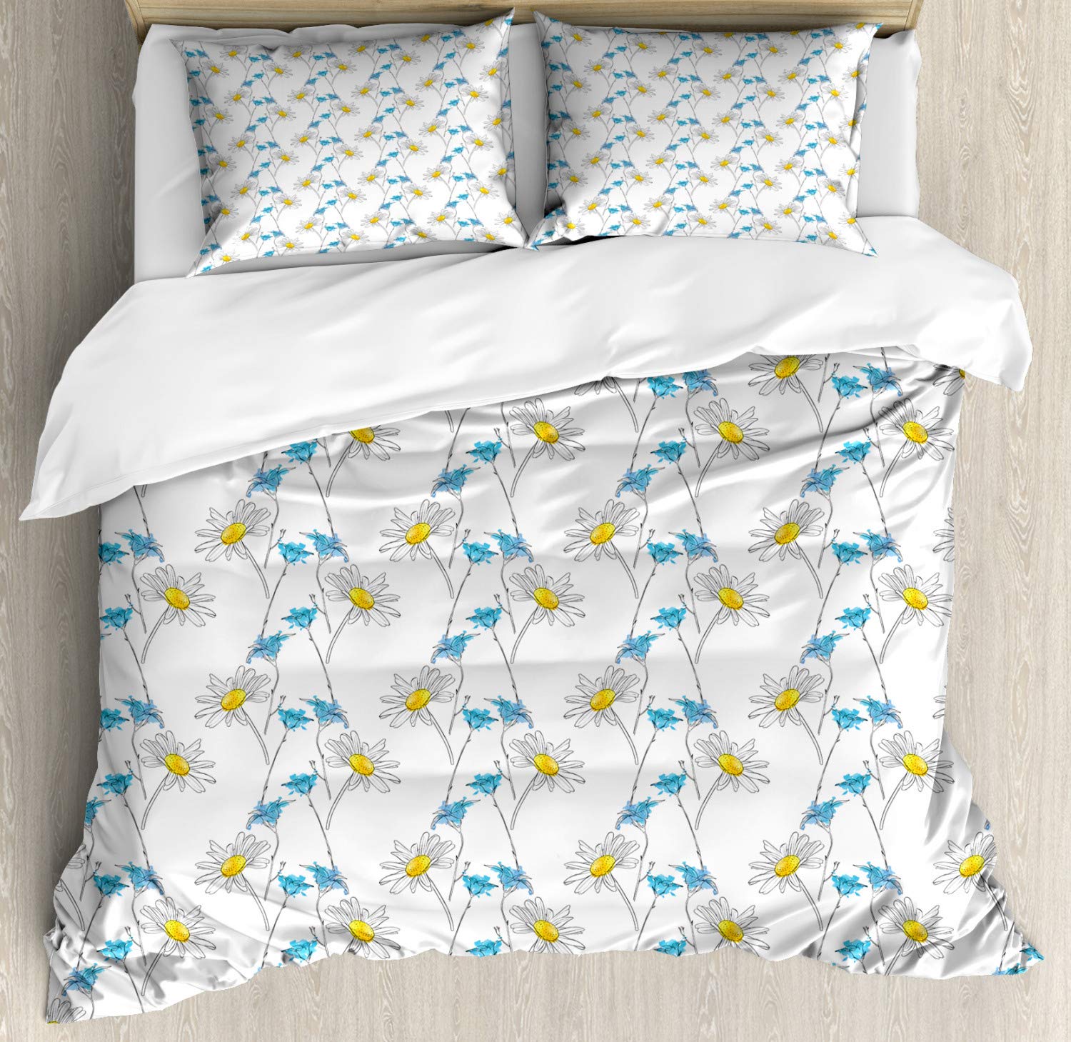Ambesonne Floral Duvet Cover Set - King Size Daisy Print Botanical Bedding with Paintbrush Effect, 3 Piece Set Includes Duvet Cover & 2 Pillow Shams in Azure Blue, Yellow & White | Perfect for Spring Decor, Gardening Enthusiasts & Boho Chic Bedrooms