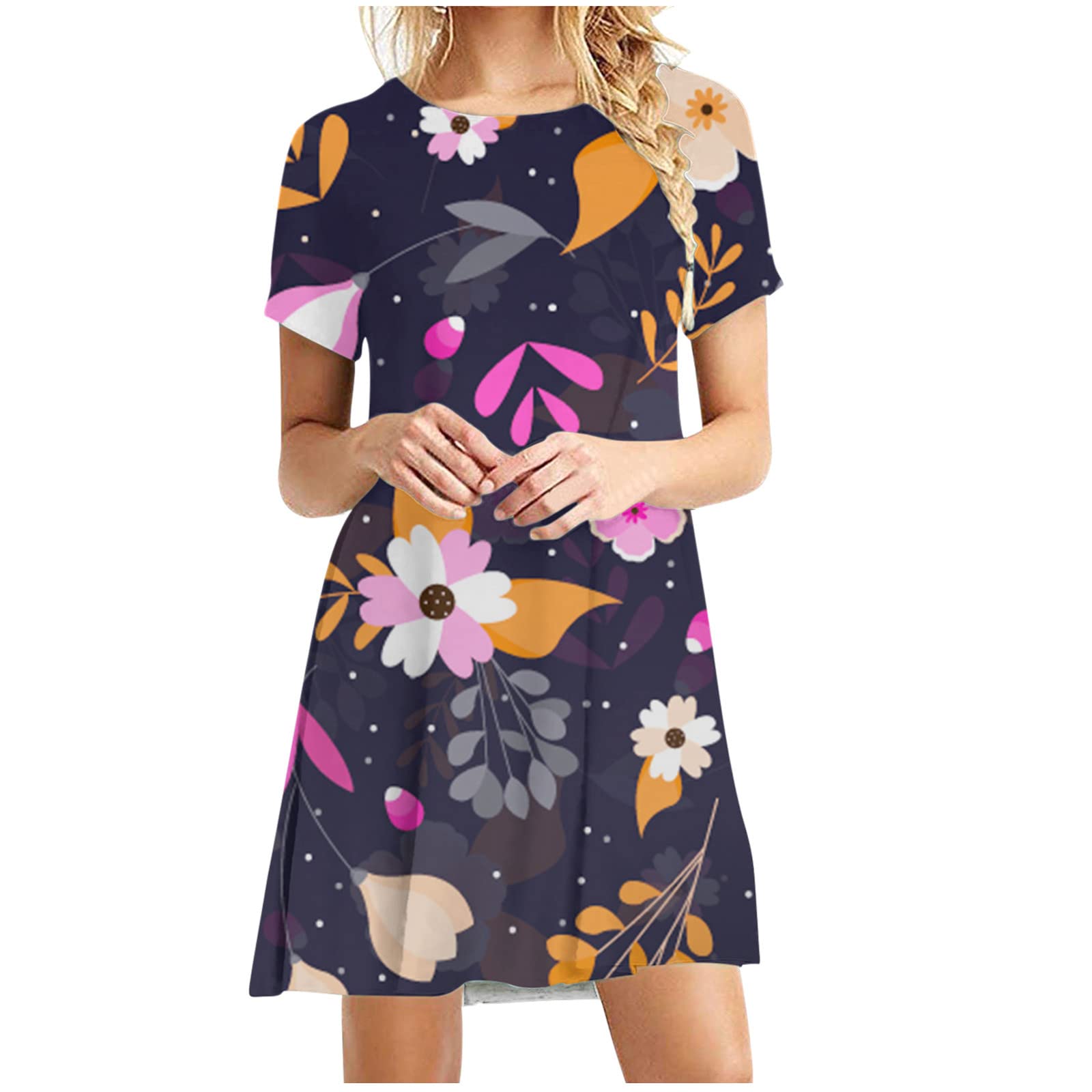 Women's Summer T-Shirt Dress - Sunflower Print Loose Fit Shift Mini Dress with Crew Neck & Short Sleeves | Casual Beach Wear, Vacation Outfit, Daytime Dress for Outings