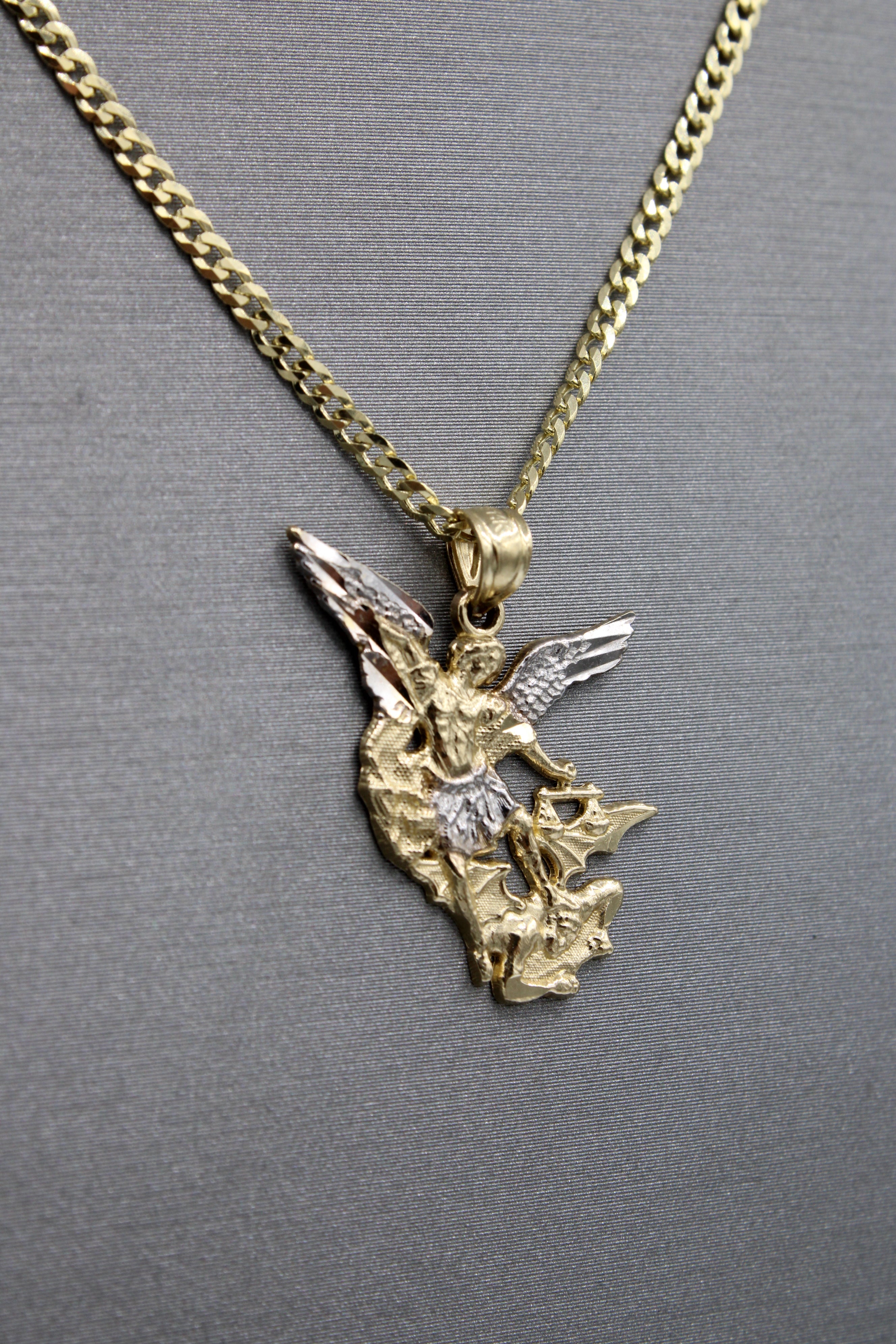 14K Gold Saint Miguel Pendant with Solid Cuban Chain Necklace - 18 Inch Religious Jewelry for Men & Women | Perfect for Gifts, Baptisms, and Everyday Wear