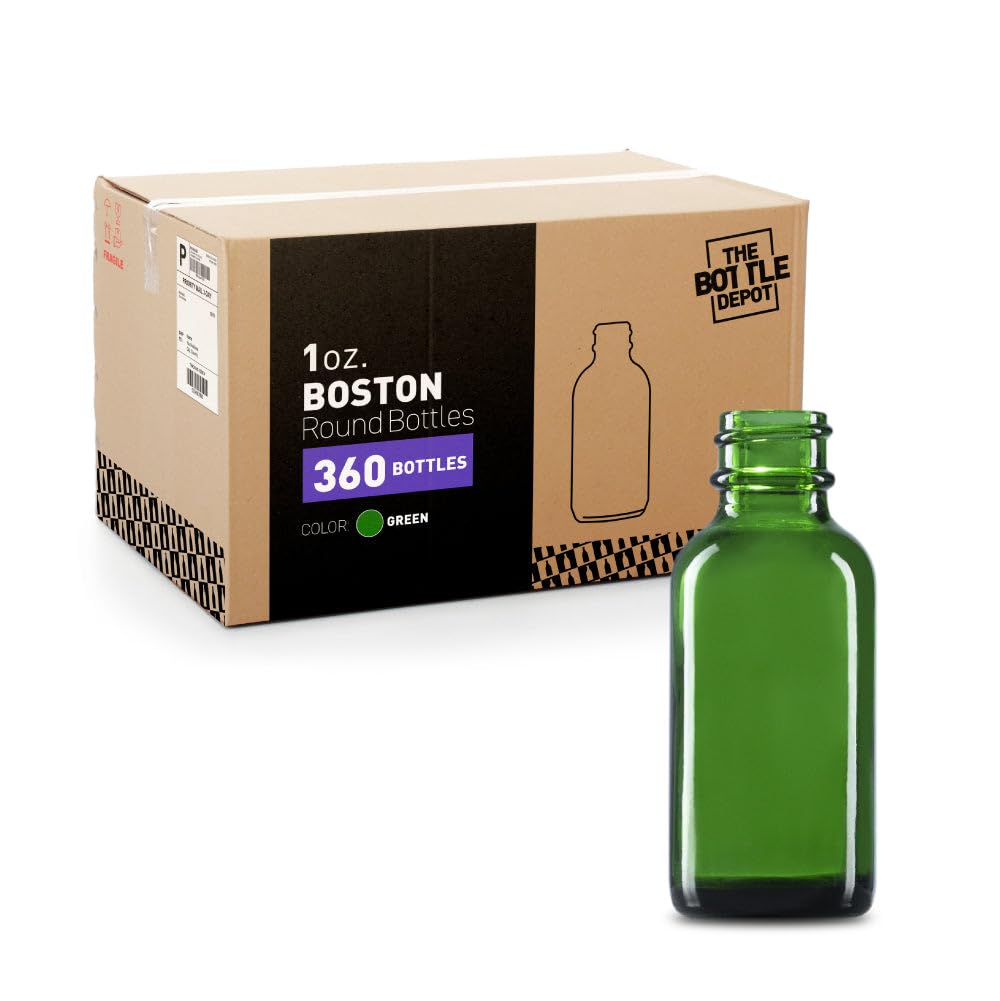 1 oz Green Glass Bottles - 360 Pack - 20-400 Neck Finish - Wholesale Boston Round Bottles for Essential Oils, DIY Crafts & Home Storage - The Bottle Depot