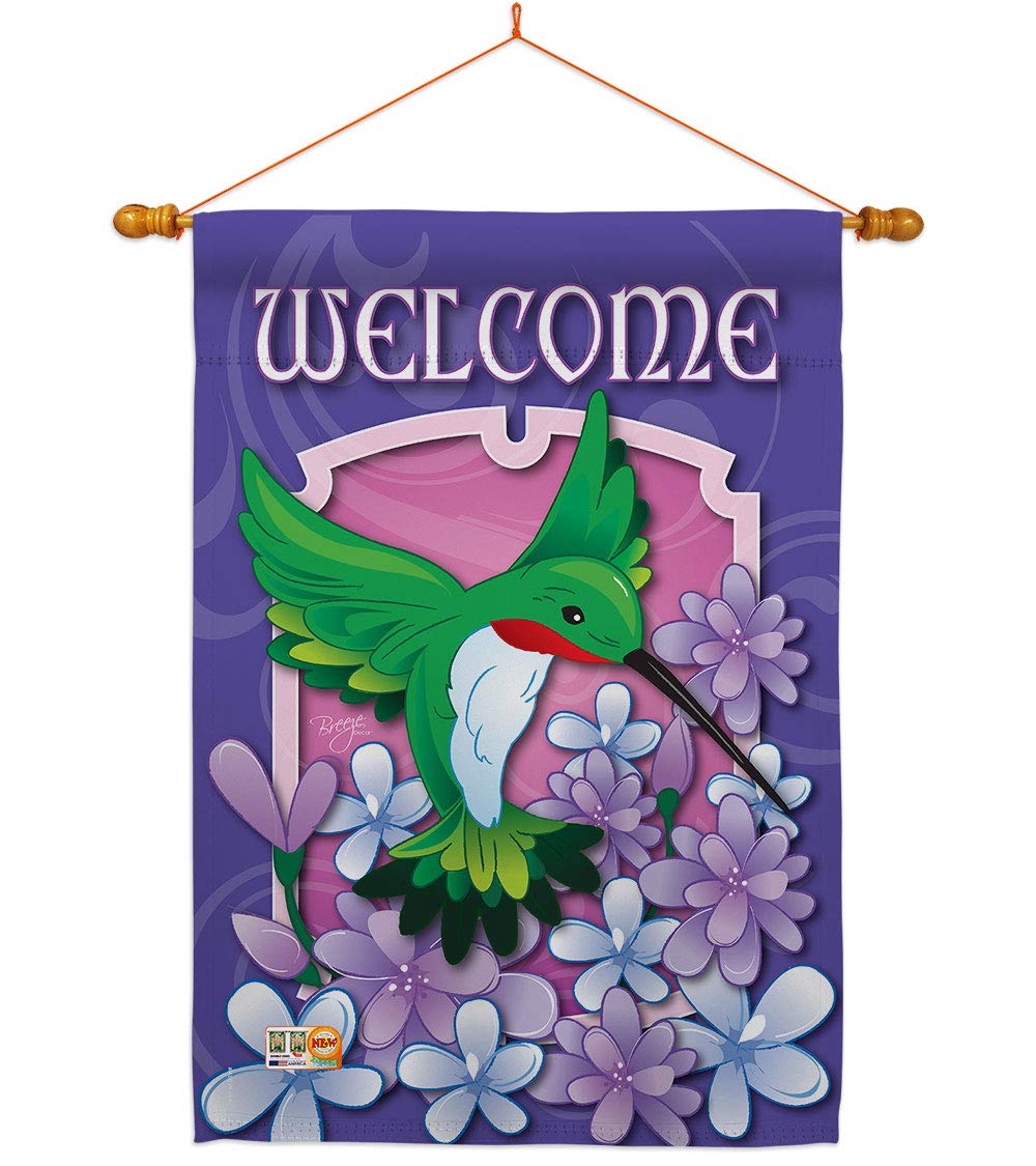 Hummingbird House Flag Set with Dowel - 28x40 Inch Spring Wildlife Decor - Cardinal, Flamingo & Peacock Designs - Made in USA Yard Banner for Garden, Porch & Outdoor Decorations