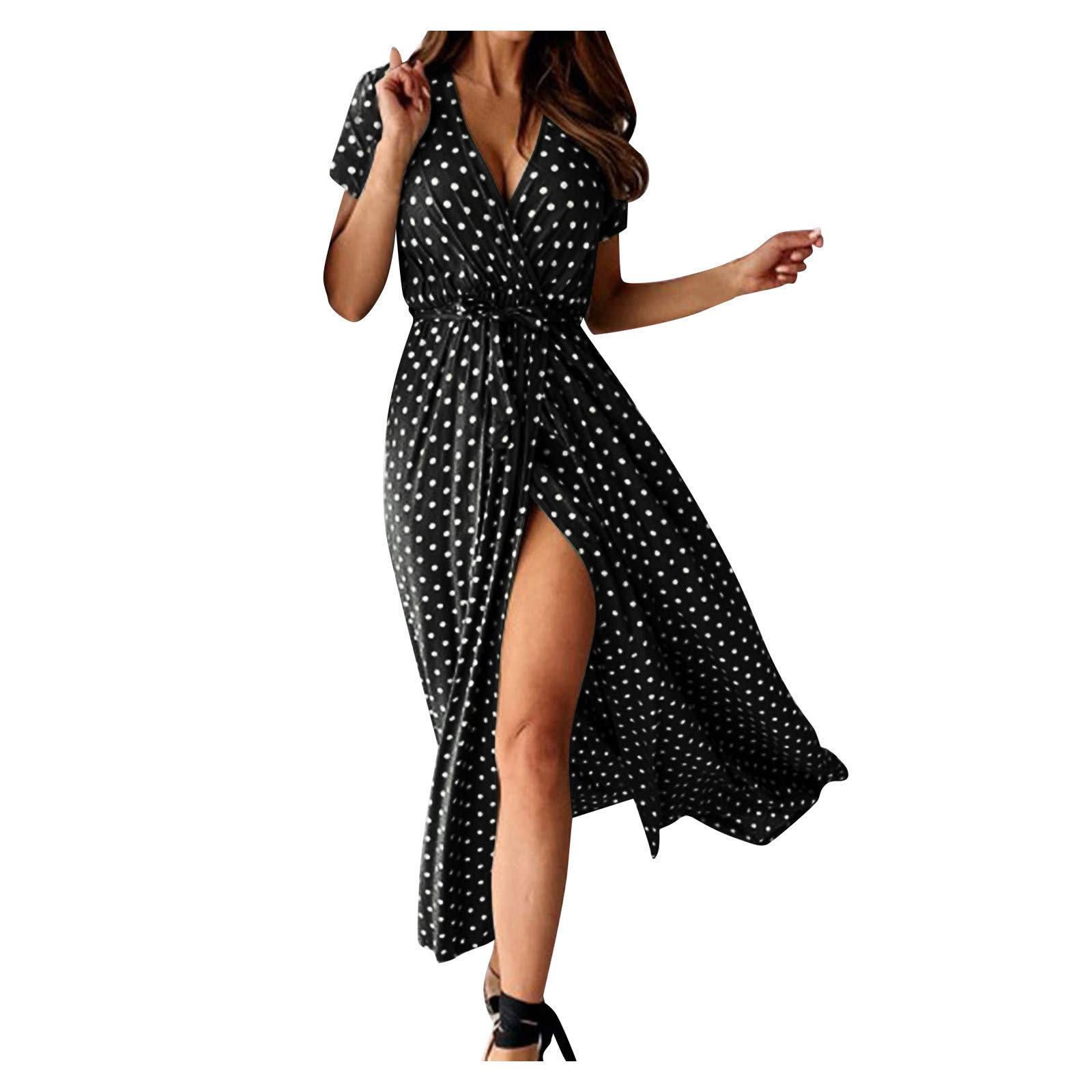 Women's Polka Dot Print V-Neck Short Sleeve Midi Sundress with Side Slit - Perfect for Summer Outings, Beach Vacations, and Casual Date Nights