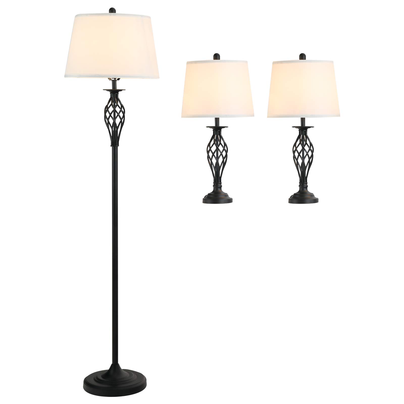 HOMCOM 3-Piece Modern Table & Floor Lamp Set - Metal Pole, Round Base, Fabric Lampshade - Black/White Lighting for Living Room, Bedroom & Office Decor