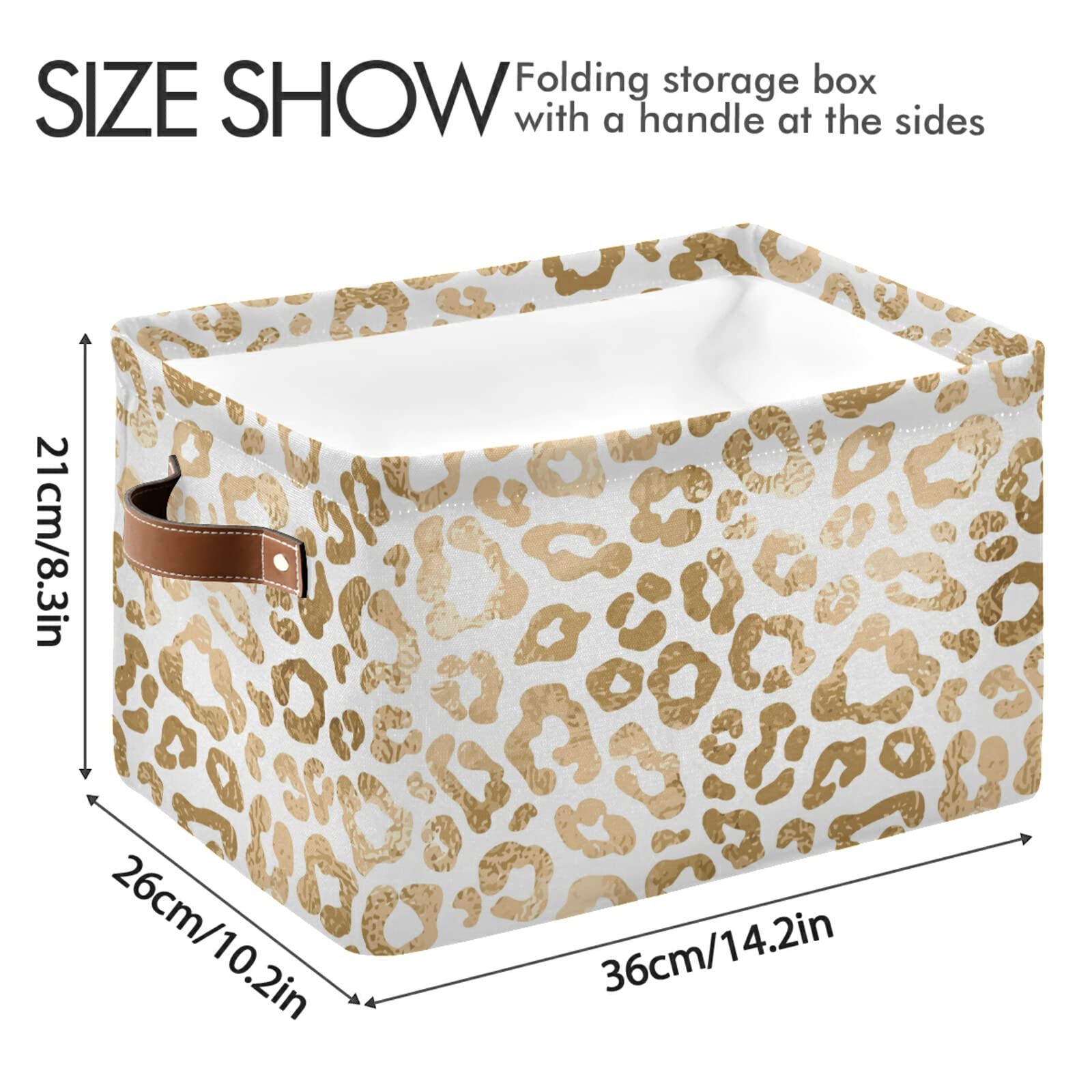 Golden Leopard Print Collapsible Storage Basket with Leather Handles - Foldable Rectangular Storage Bin for Home Organization, Office Supplies & Closet Storage | Perfect for Bedroom, Bathroom & Laundry Room Organization