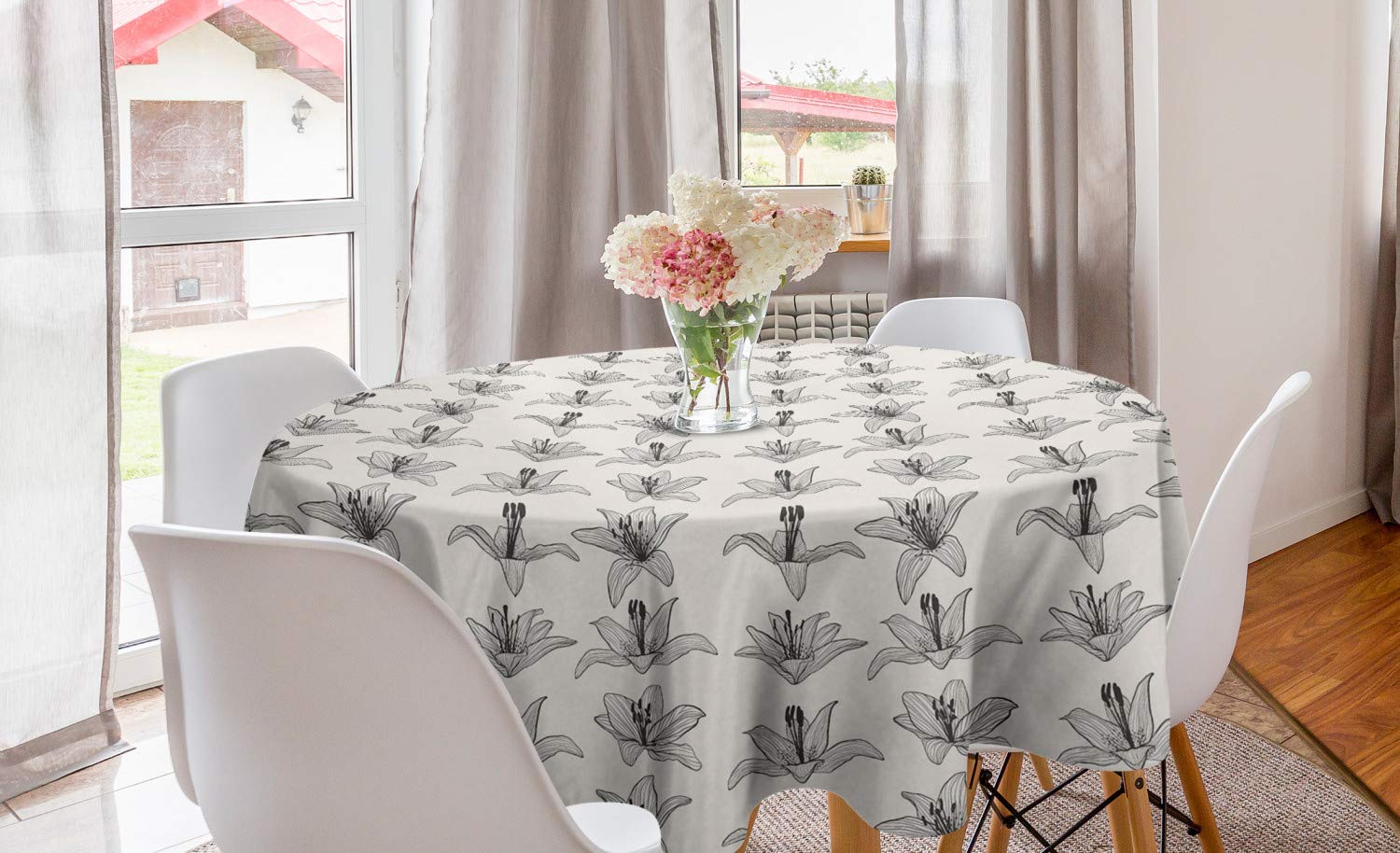 Ambesonne Vintage Floral Round Tablecloth - 60 Inch Dark Grey & Coconut Easter Lily Petals Design for Dining Room, Kitchen Decor | Perfect for Spring Parties, Garden Weddings & Holiday Gatherings