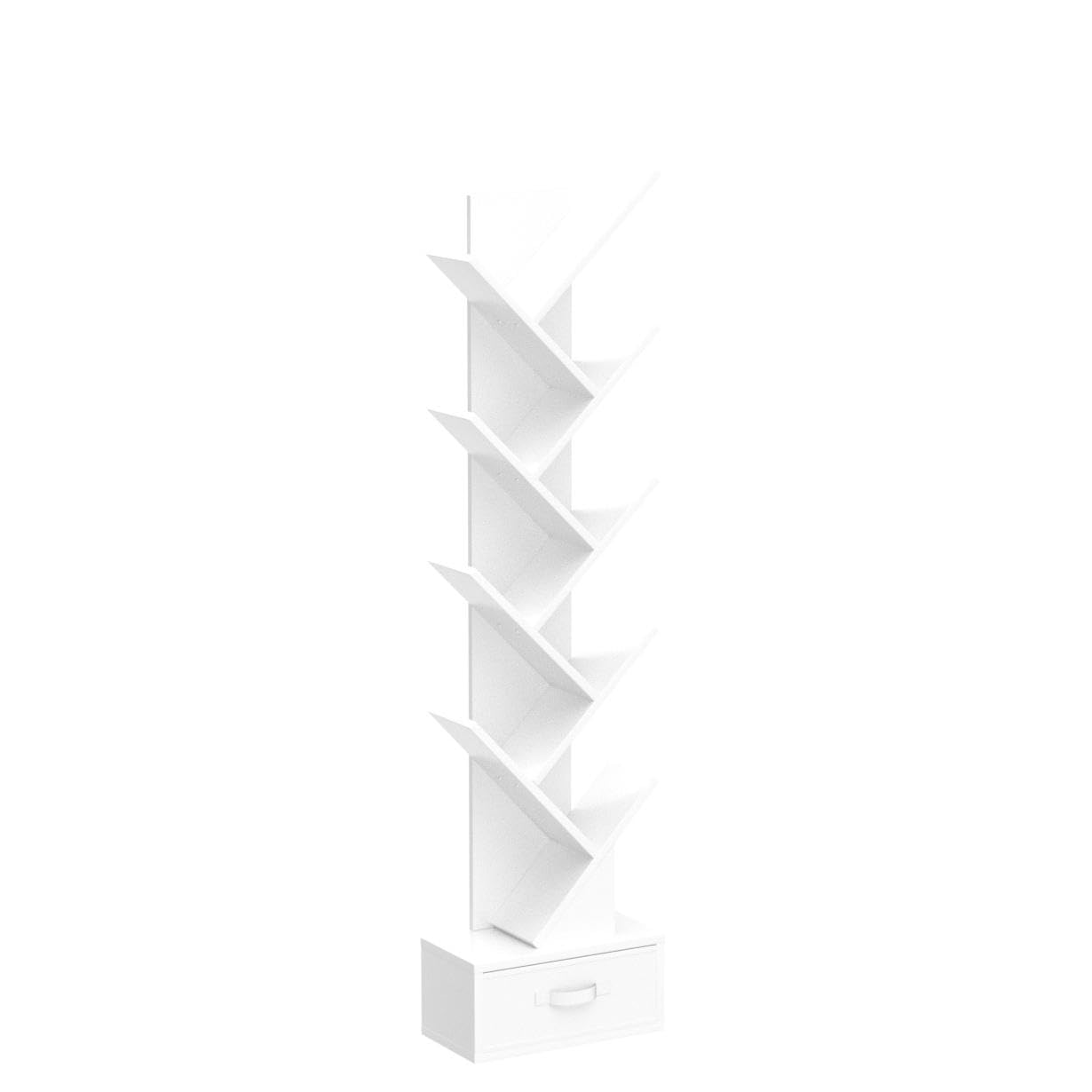 Tangkula 10-Tier Tree Bookshelf with Drawer - Floor Standing Storage Organizer for Books, Movies, CDs & Collectibles - Space-Saving Display Shelf for Bedroom, Living Room, Home Office & Dorm (White) - Perfect for Small Spaces & Stylish Home Organization