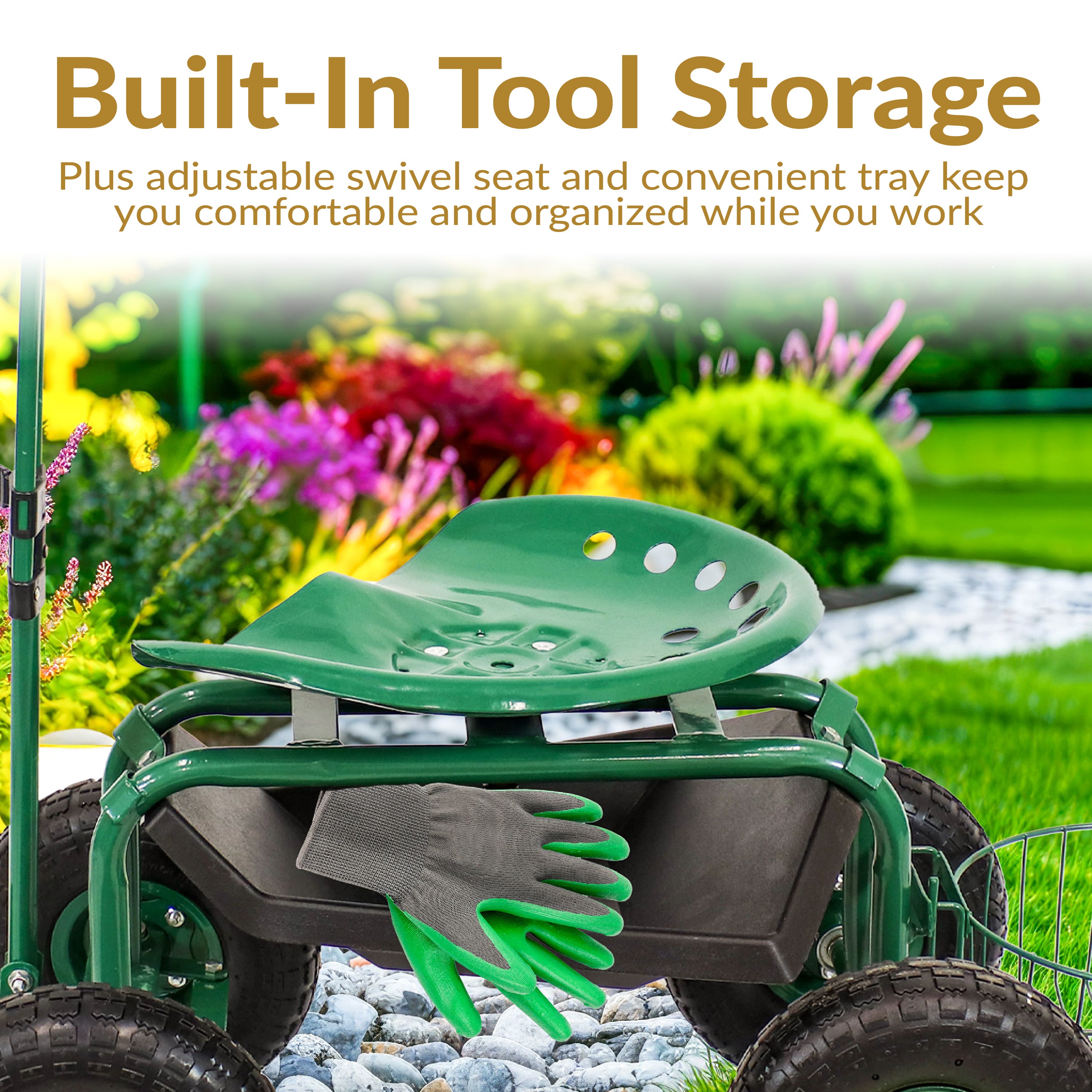 Sunnydaze Rolling Garden Cart with Swivel Seat, Handle & Basket - Heavy Duty Outdoor Utility Wagon for Gardening, Landscaping & Yard Work
