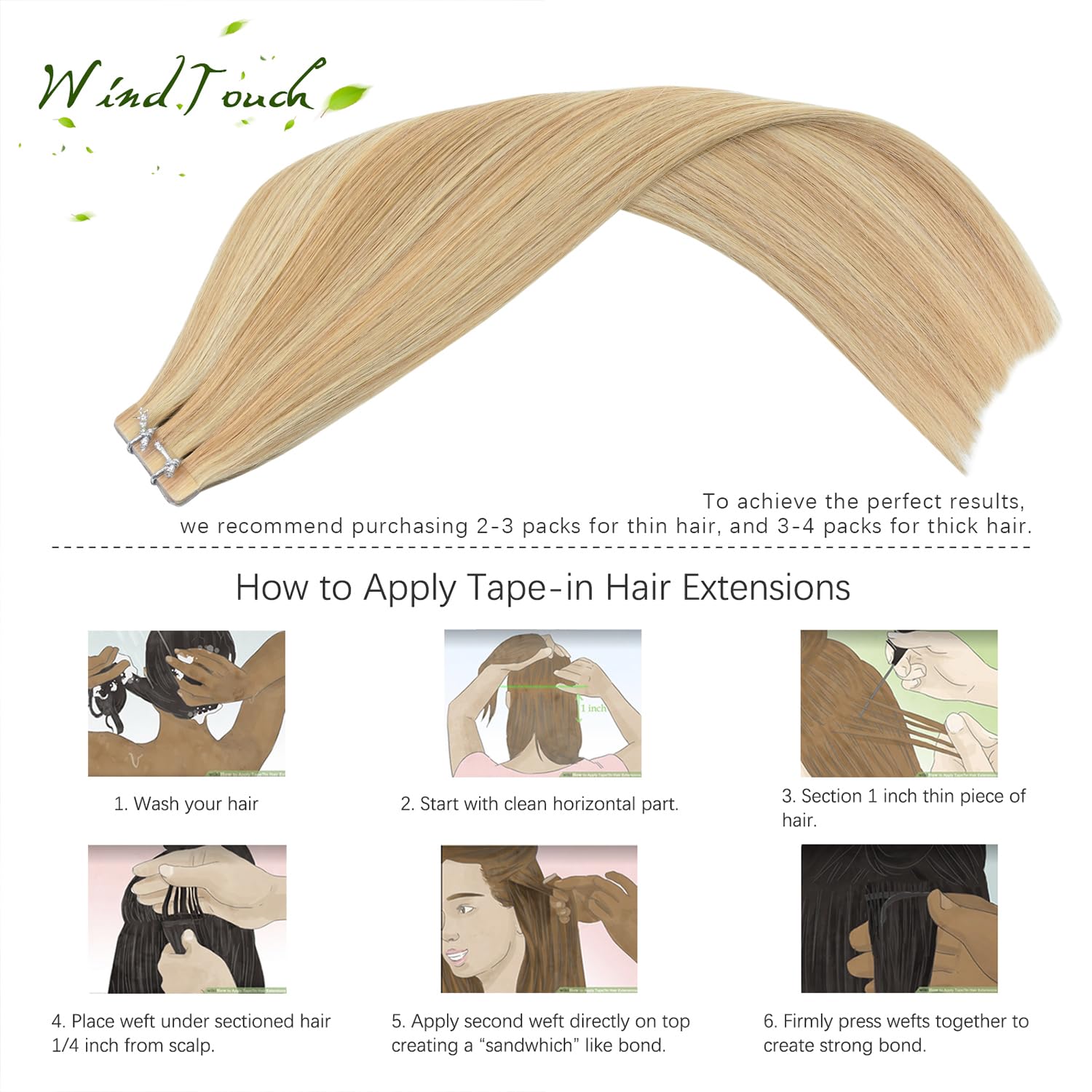 WindTouch Tape in Hair Extensions for Women - 20pcs Balayage Honey Blonde to Bleach Blonde Ombre Human Hair Extensions (14 Inch, 50g, #27P613) | Thick Full Head Hair Weft for Volume & Length | Perfect for Parties, Weddings & Daily Styling