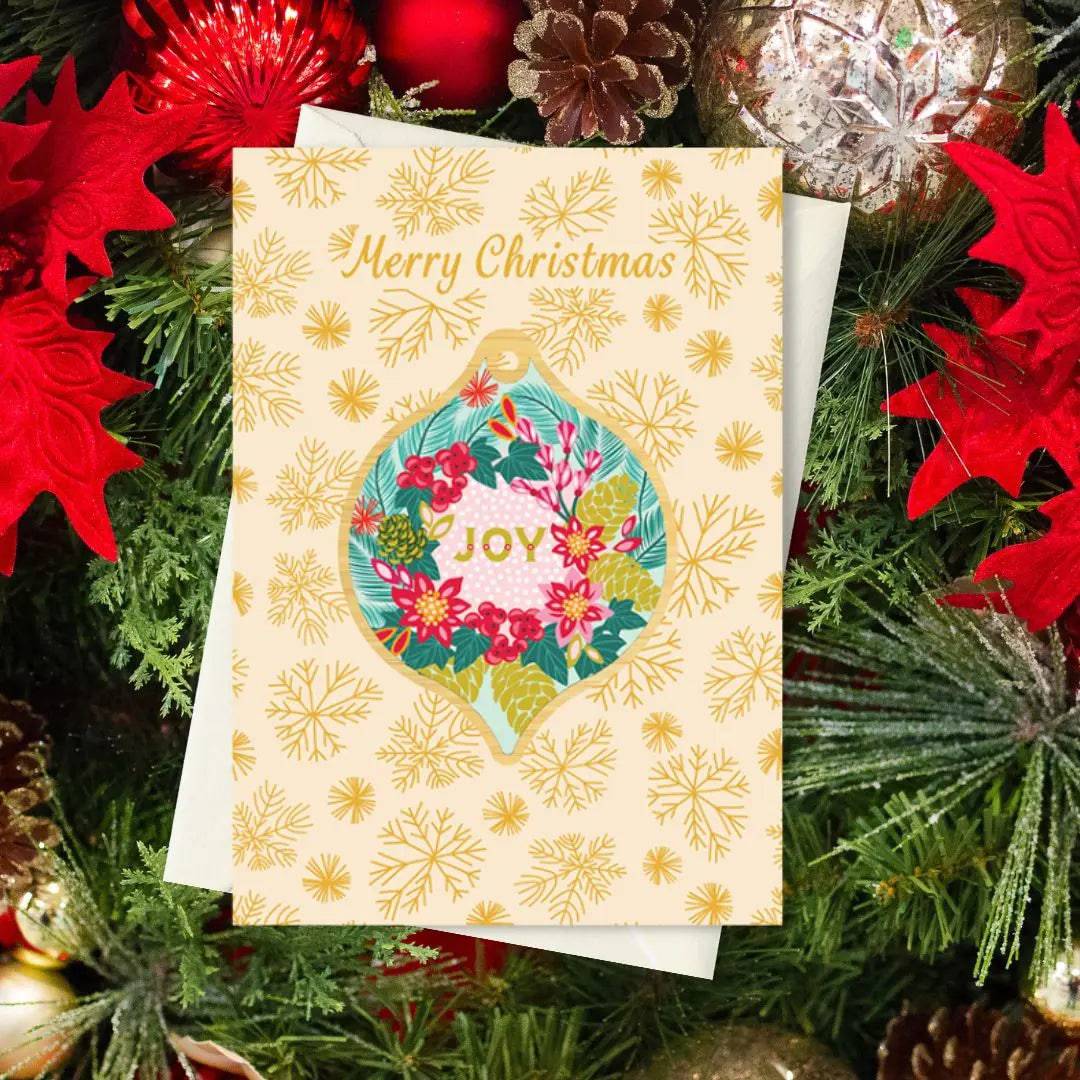 Joy Christmas Card & Wooden Bauble Set - Handmade Holiday Greeting Cards with Wood Ornaments for Xmas Tree Decorations - Perfect for Holiday Gifts, Home Decor and Christmas Party Favors