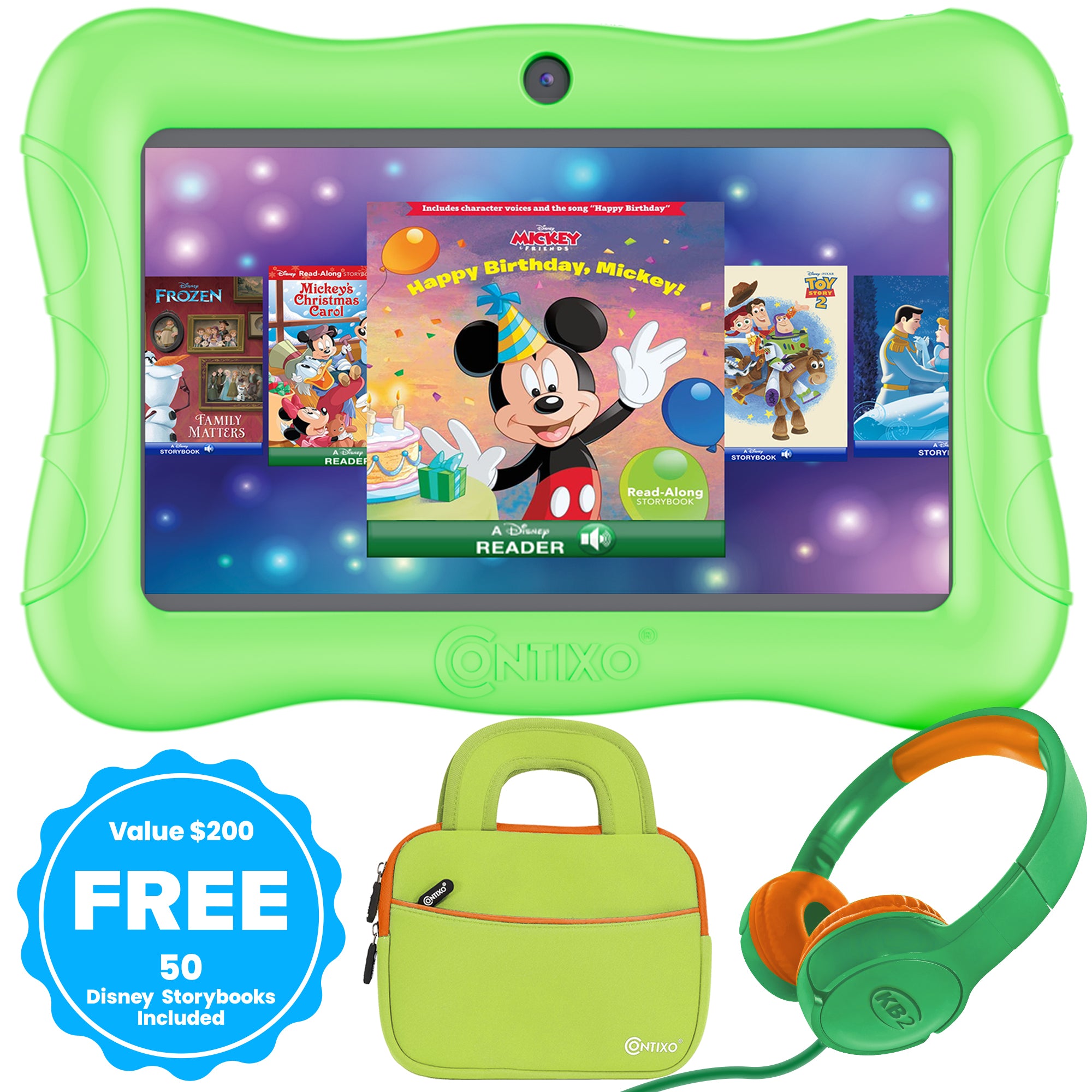 Contixo 7-Inch Kids Tablet Bundle with 50 Free Disney eBooks - 32GB Android Learning Tablet for Children Ages 3-12 - Includes Parental Controls, Shockproof Case with Kickstand, Headphones & Carrying Case (Green) - Perfect for Home Learning, Travel & Entertainment