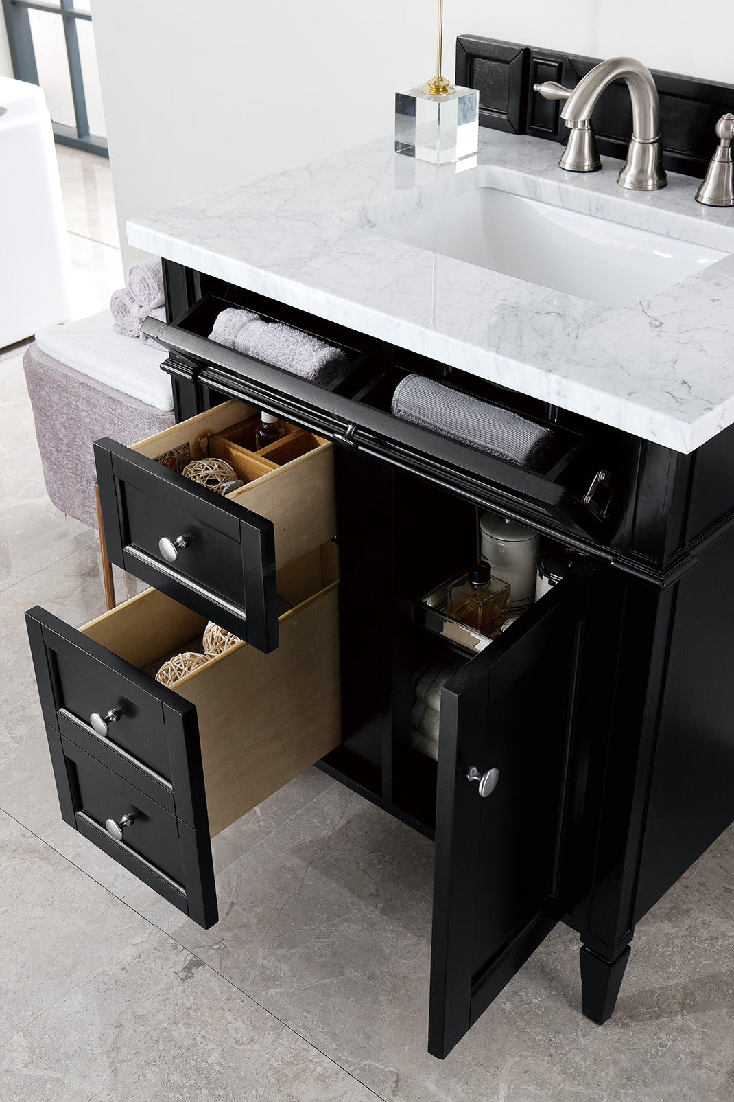 Brittany 30-Inch Single Bathroom Vanity in Black Onyx with 3CM Carrara Marble Top - Perfect for Modern Master Bathrooms and Powder Rooms