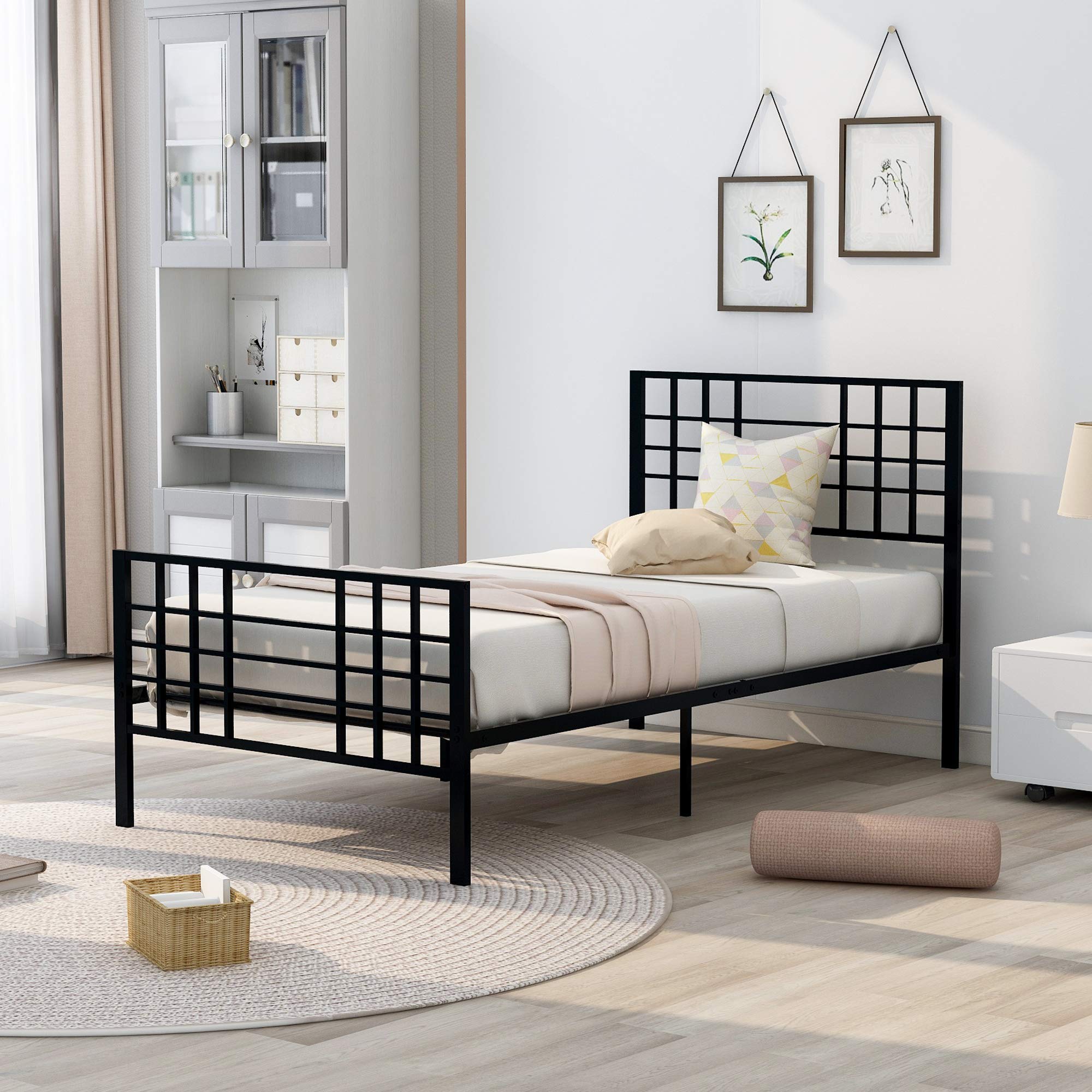 Petphil Twin Size Metal Bed Frame with Headboard & Footboard - Sturdy Iron-Art Platform Bed Base for Mattress Support - Black | Perfect for Kids Rooms, Guest Bedrooms & Small Spaces