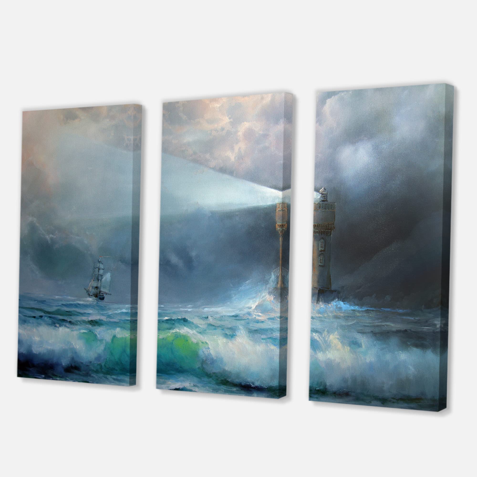 Lighthouse Shining Light During Stormy Night II - Nautical & Coastal Canvas Wall Art for Living Room, Bedroom, Office Decor - Stormy Seascape Lighthouse Painting - Beach House Wall Decor