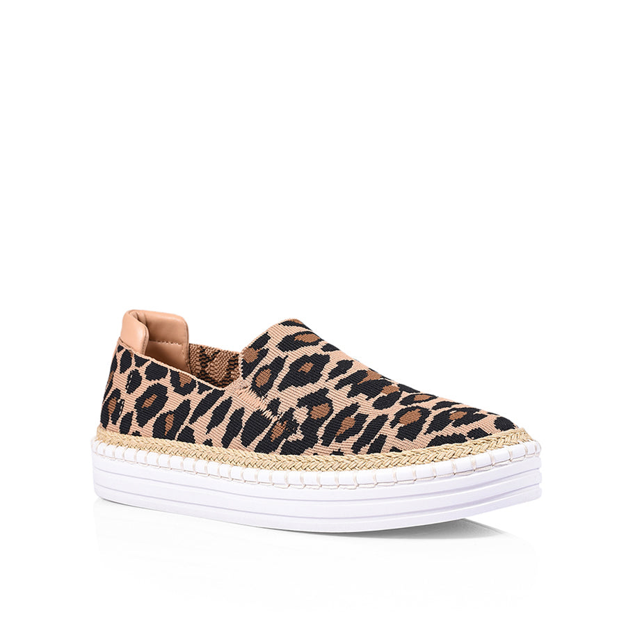 Women's Nude Leopard Print Knit Slip-On Sneakers - Comfortable Casual Shoes for Walking, Travel & Everyday Wear