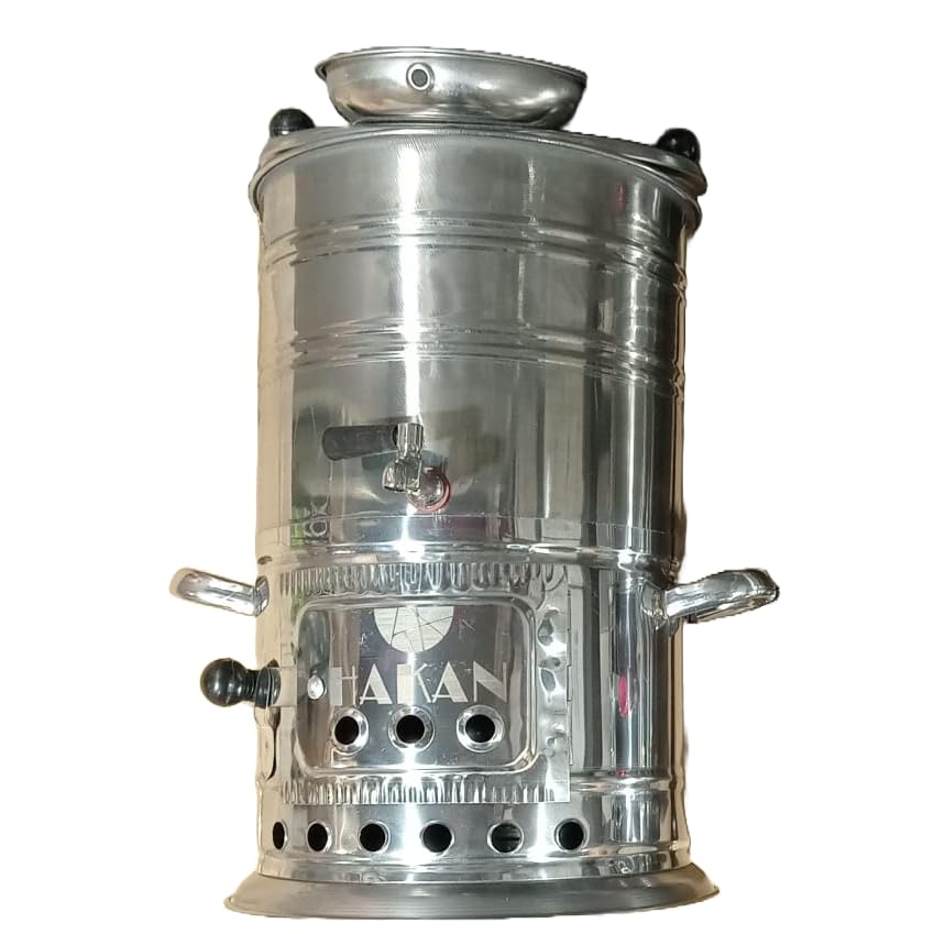 **Hakan Portable Turkish Samovar Tea Kettle – 4L (135.2 oz) Wood & Coal Fired Semaver Teapot for Camping, Picnic, Hunting & Outdoor Adventures – Black Handles – Perfect for Backpacking, Hiking & Off-Grid Living**