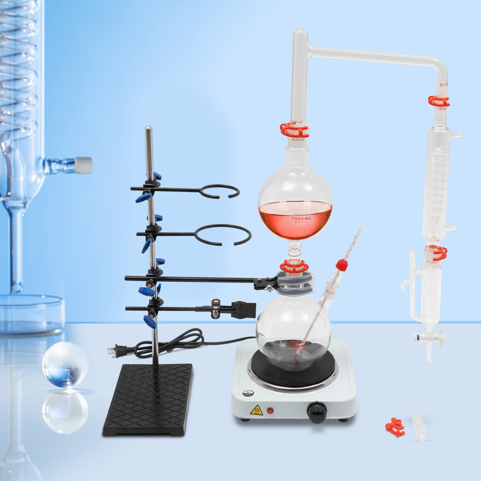 1000ml Essential Oil Distillation Kit - Lab Glassware Set with Graham Condenser & Hot Stove, 19/26 & 24/29 & 29/32 Joints - Perfect for Aromatherapy, Herbal Extraction & Home Distilling