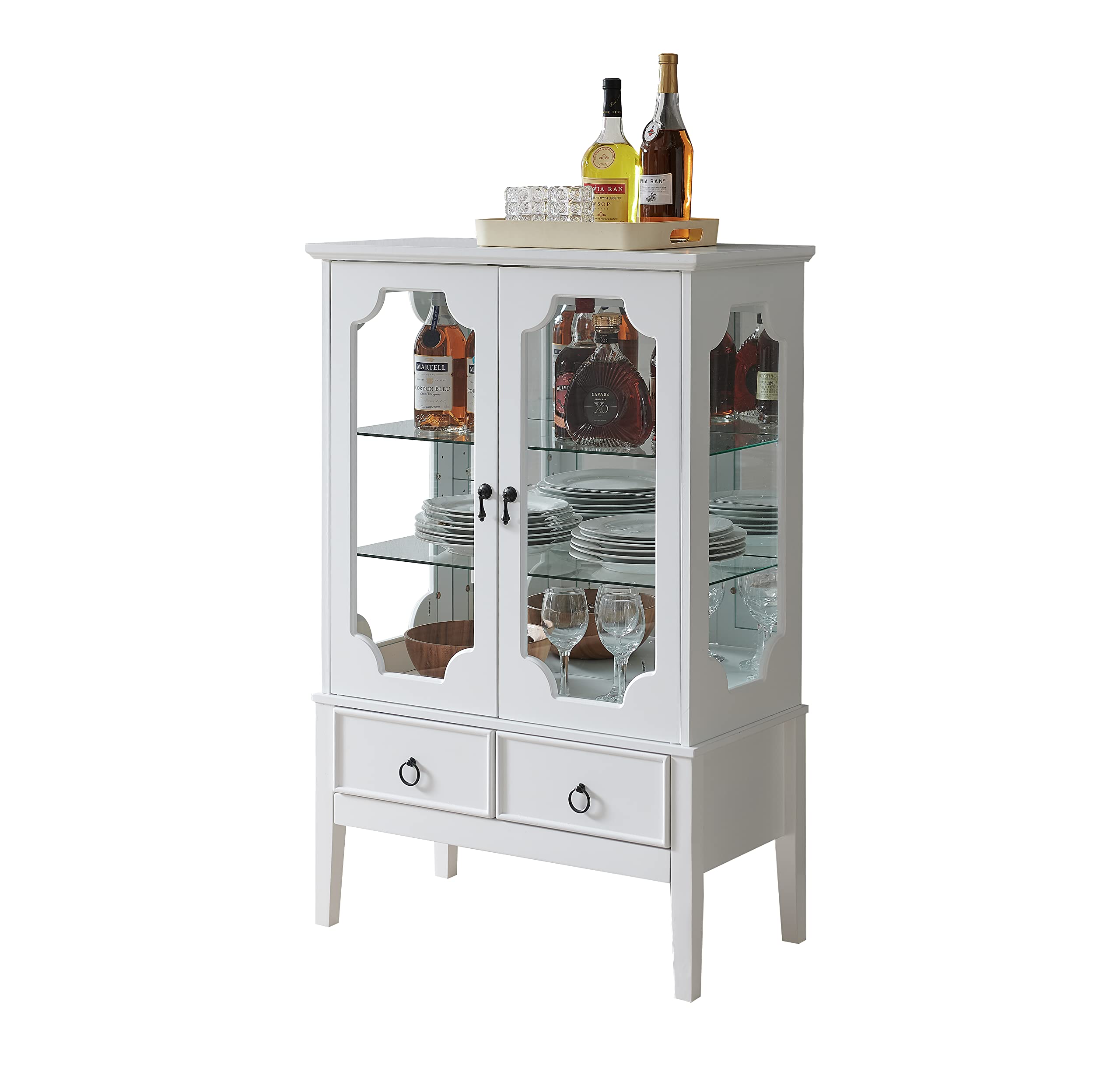 Kings Brand Furniture - White Curio Accent Storage Cabinet with Glass Shelves, Doors & Drawers - Sideboard Buffet Display Cabinet for Living Room, Dining Room & Kitchen - Perfect for Showcasing Collectibles, Storing China & Entertaining Guests