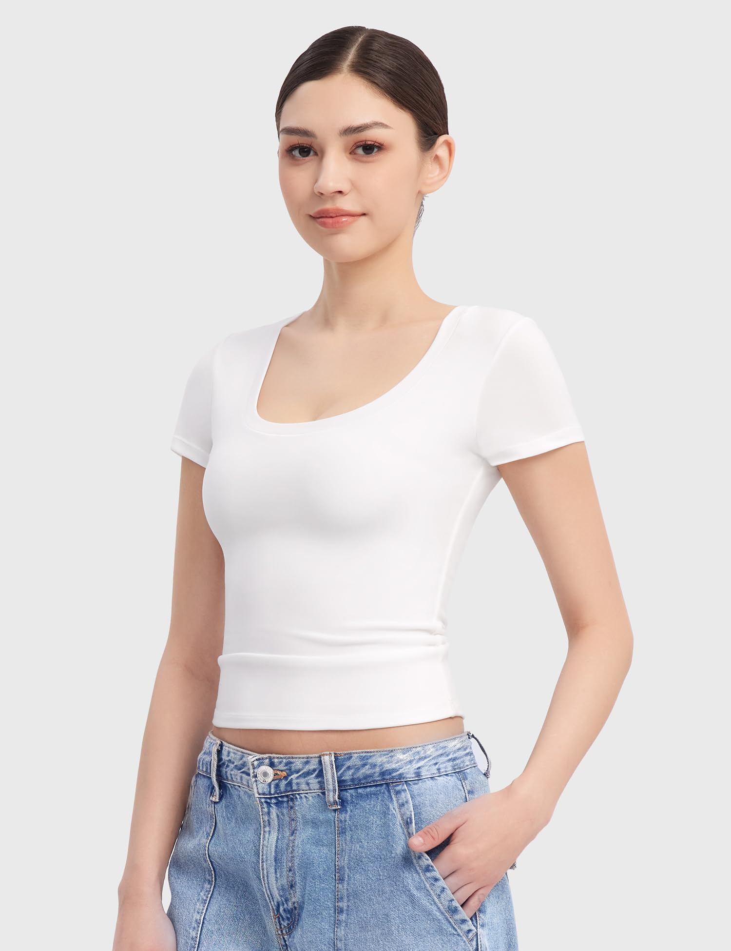 PUMIEY Women's Short Sleeve Scoop Neck T-Shirt - Slim Fit Basic Tee Top for Casual Wear, Going Out & Everyday Fashion | Smoke Cloud Pro Collection | Perfect for Work, Weekend & Summer Outfits