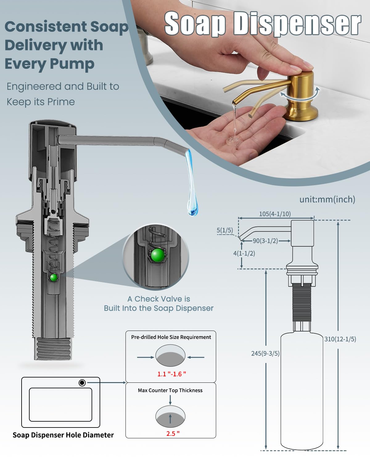 Brushed Gold LED Kitchen Faucet with Pull Down Sprayer, Soap Dispenser & Deck Plate - Single Handle Modern Faucet for RV, Camper, Farmhouse & Residential Kitchen Sinks | Perfect for Cooking, Washing Dishes & Food Prep
