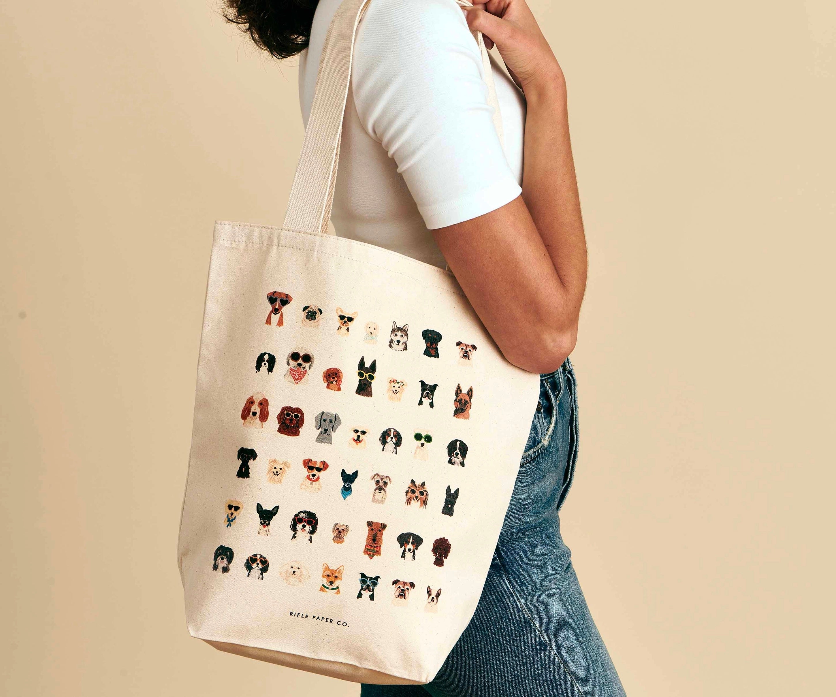 Rifle Paper Co Canvas Tote Bag for Dog Lovers - Durable Dog Mom Tote with Pockets - Perfect for Pet Owners, Grocery Shopping & Beach Outings