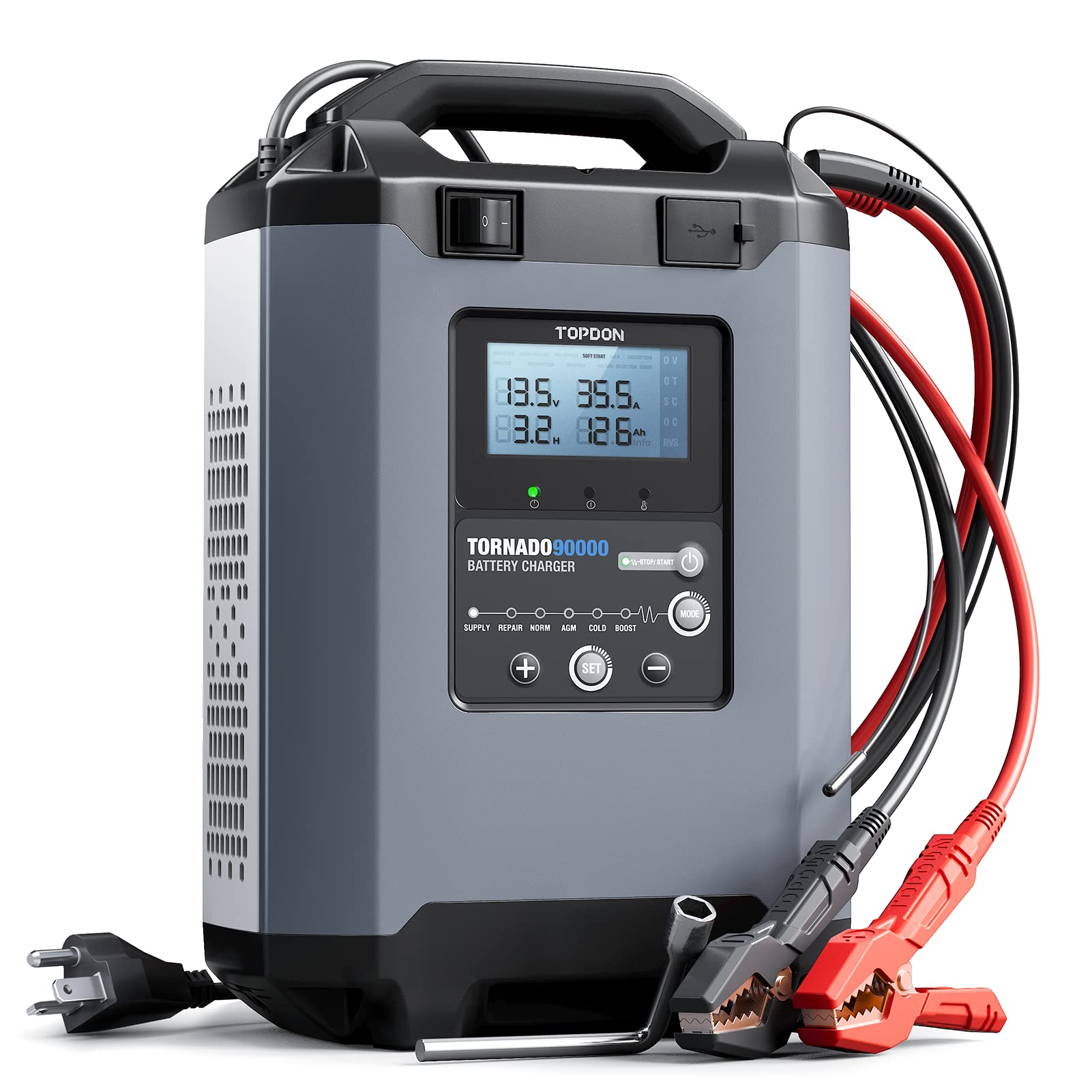 TOPDON T90A 12V/24V 5A-90A Smart Car Battery Charger & Maintainer - Automatic Desulfator for Automotive, Marine, Truck & Motorcycle Batteries - Perfect for Winter Storage, RV Maintenance & Emergency Jump Starts