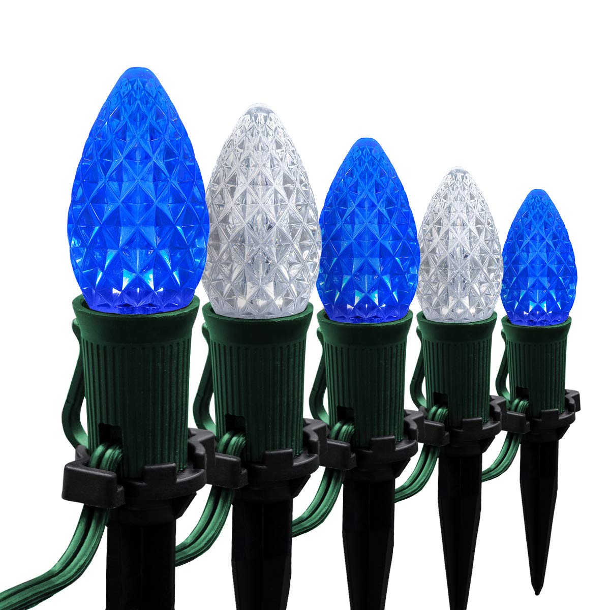 Wintergreen Lighting 50ft OptiCore LED C7 Blue & White Christmas Pathway Lights - Outdoor Landscape Lighting with 4.5