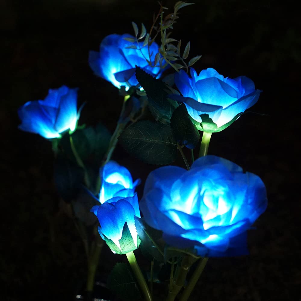 Solar Rose Garden Lights - 2 Pack Waterproof LED Flower Lights for Outdoor Pathway & Cemetery Decor (Blue)