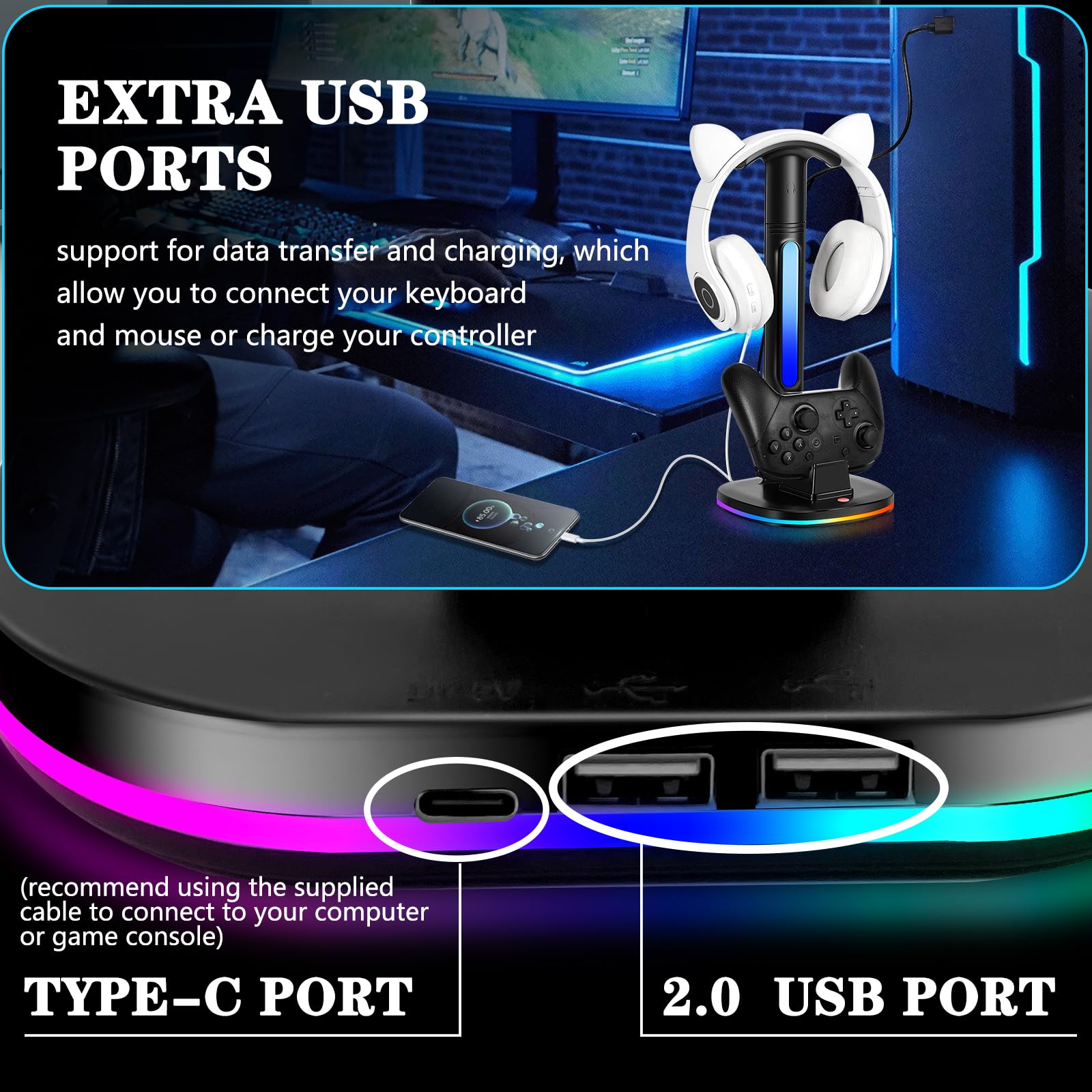 JDGPOKOO Switch Pro Controller Charger Dock with RGB Headphone Stand - Dual USB Charging Station for Nintendo Switch/OLED - Perfect for Gaming Setup & Headset Organization (Black)
