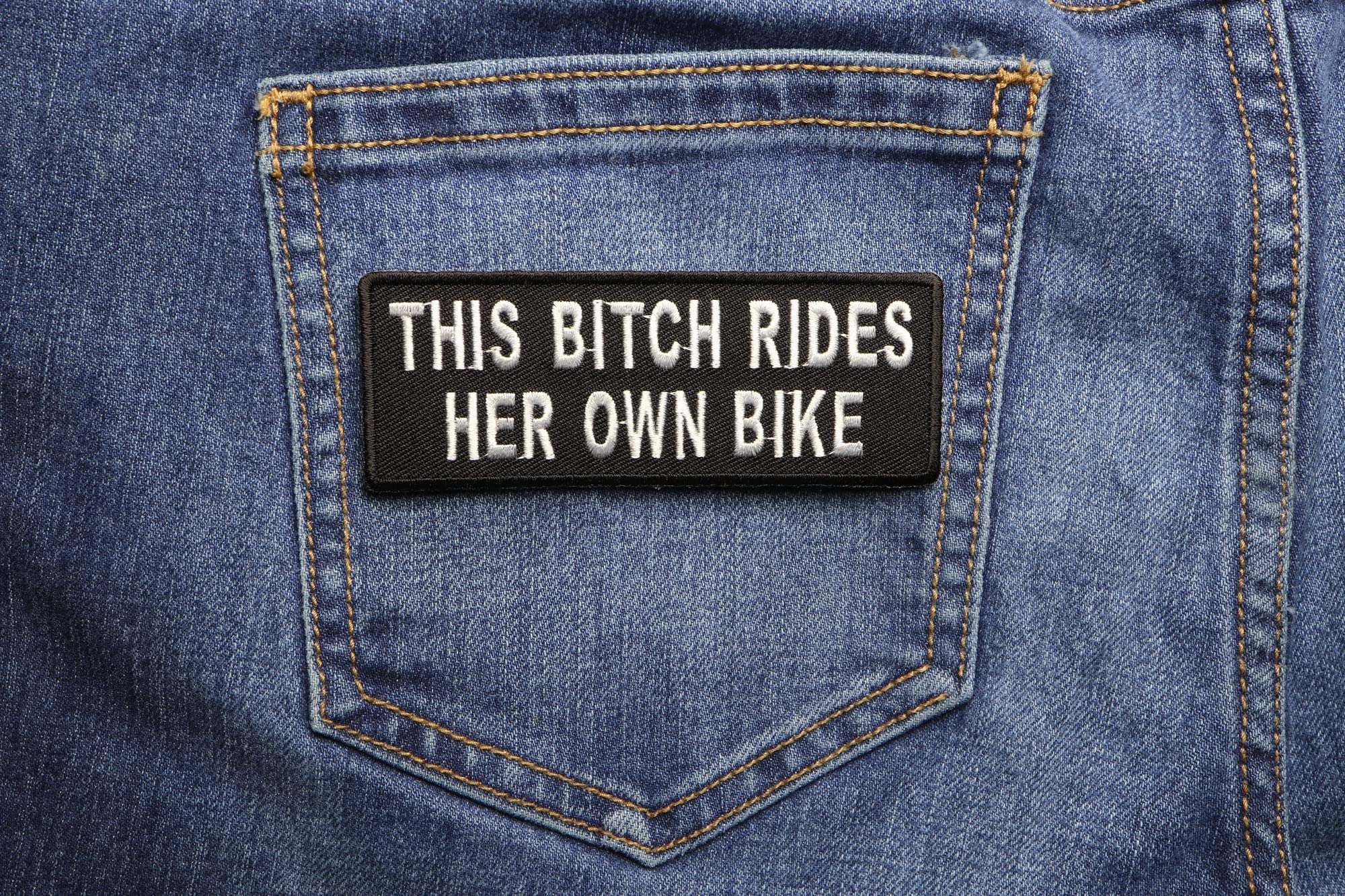 Biker Patch - 'This Bitch Rides Her Own Bike' Embroidered Iron-On Patch for Motorcycle Vests & Jackets - Perfect for Biker Gangs, Motorcycle Clubs & Rebel Fashion