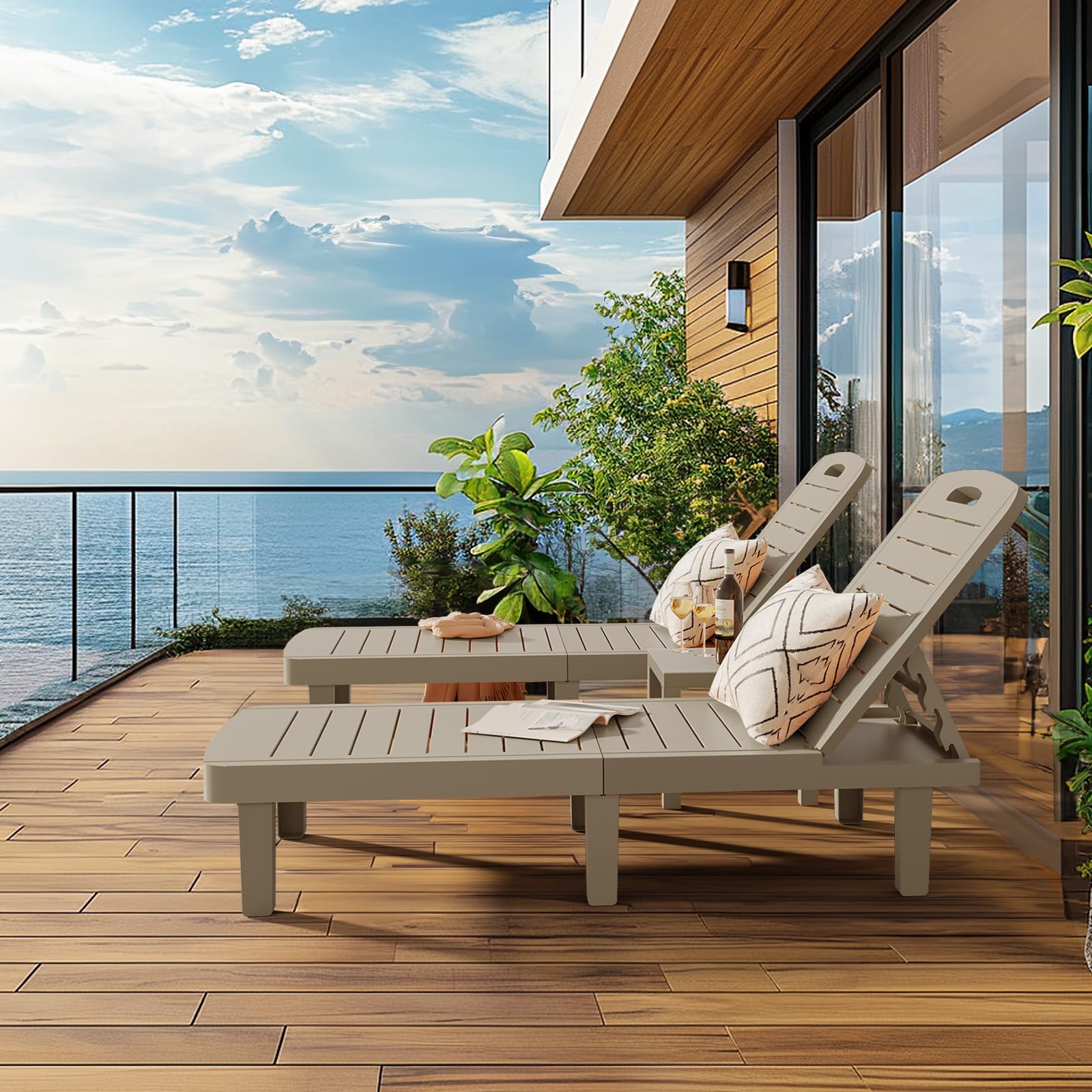 Oversized Outdoor Chaise Lounge Chairs Set of 2 - Adjustable Backrest Patio Lounge Chairs with Cup Holder, Durable Resin Poolside Chaise for Beach, Garden & Yard - Perfect for Sunbathing, Relaxing by the Pool & Outdoor Lounging - Grey