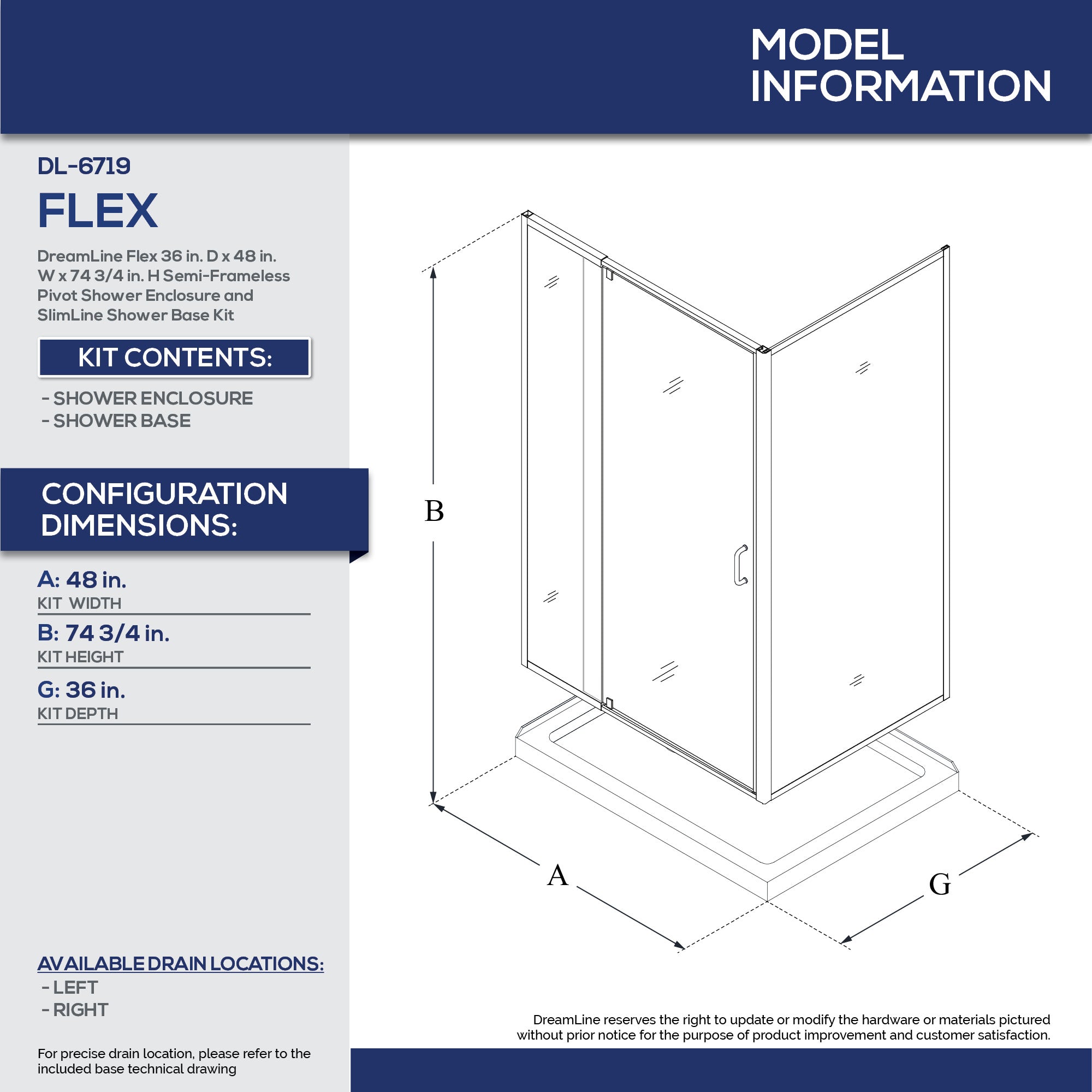 DreamLine Flex 36x48x74.75 Inch Semi-Frameless Pivot Shower Enclosure Kit with SlimLine Base - Modern Bathroom Upgrade for Small Spaces, Easy Installation for Home Renovation