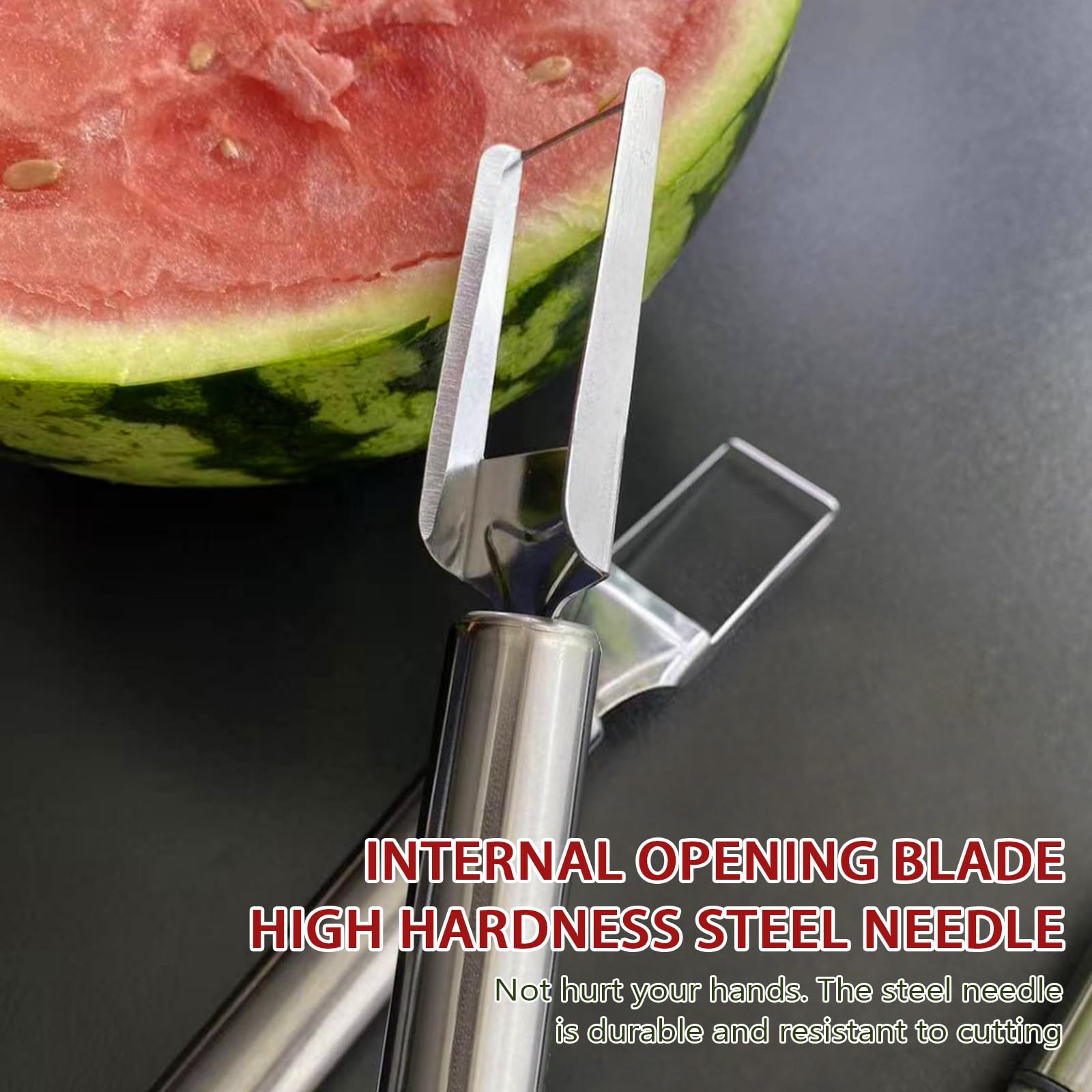2 in 1 Stainless Steel Watermelon Fork Slicer & Fruit Knife - Durable Kitchen Tool for Easy Watermelon & Fruit Cutting - Perfect for BBQs, Picnics, and Summer Parties (Metallic Silver)
