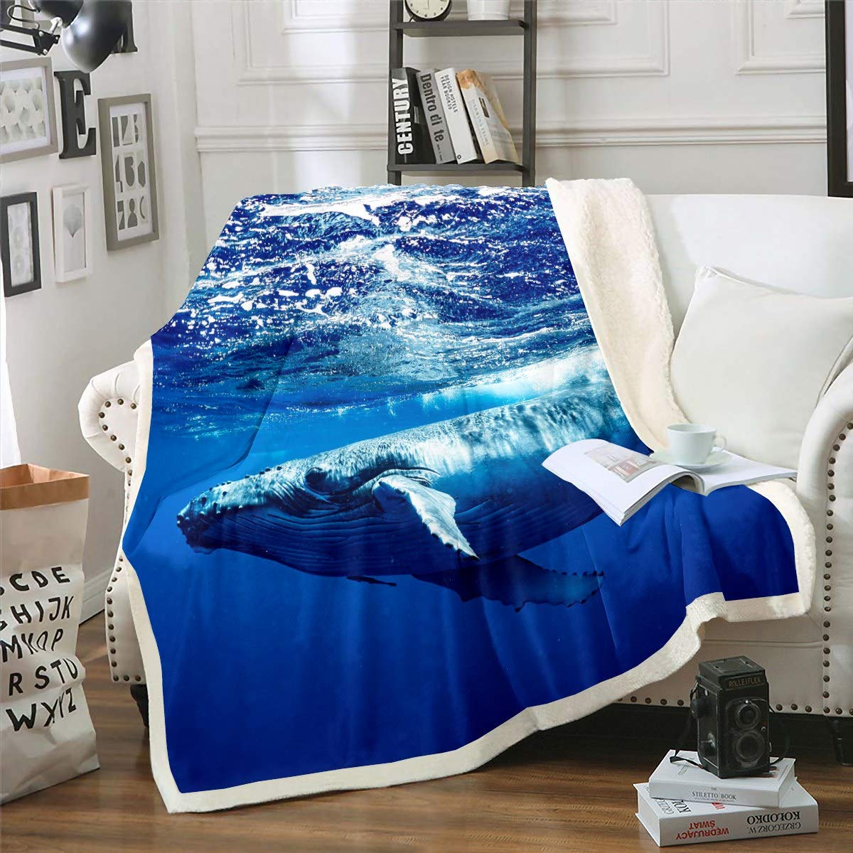 Whale Sherpa Fleece Blanket - Ocean Marine Themed Ultra Soft Plush Throw for Couch, Sofa & Bed - Blue Sea Creatures Fuzzy Blanket 30x40 Inches - Perfect for Kids Room, Baby Nursery & Coastal Home Decor