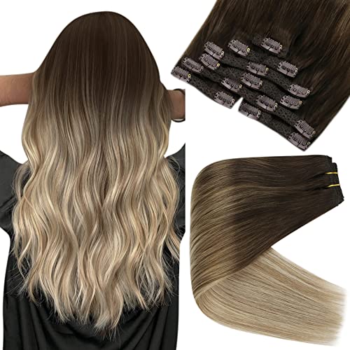Sunny Clip-In Human Hair Extensions 22 Inch Brown Ombre - Balayage Dark to Light Brown with Ash Blonde Highlights - 7-Piece Long Straight Real Hair Extensions for Everyday Wear & Special Occasions