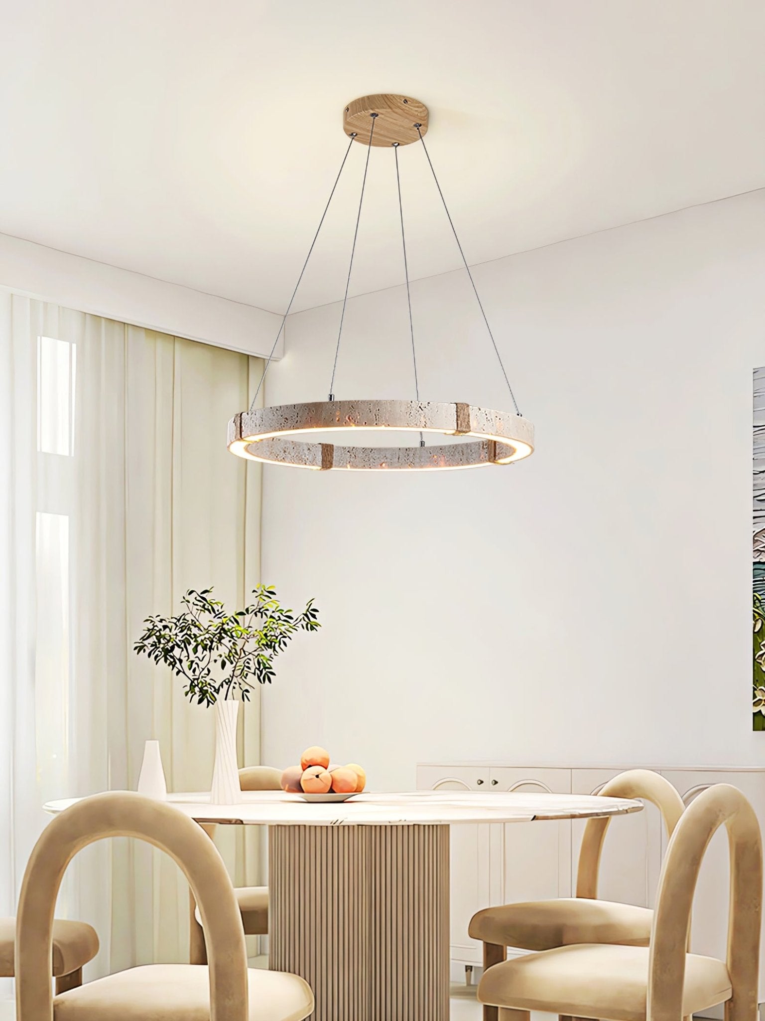 Modern Circle Travertine Pendant Light - Natural Stone Hanging Lamp for Kitchen Island, Dining Room & Living Room Decor