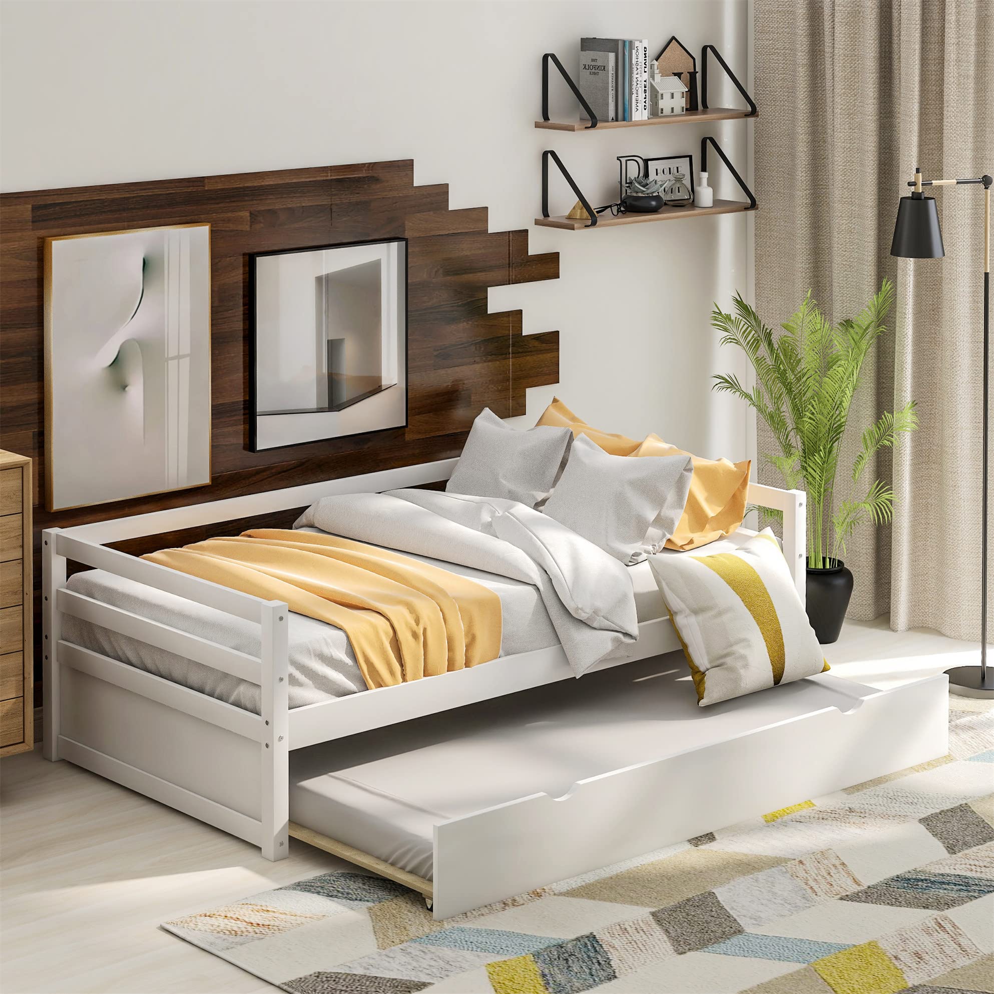 Solid Wood Twin Daybed with Trundle - White Twin Bed Frame for Guest Room, Kids Room & Small Spaces - Sturdy Wooden Daybed with Pull-Out Trundle for Extra Sleeping Space