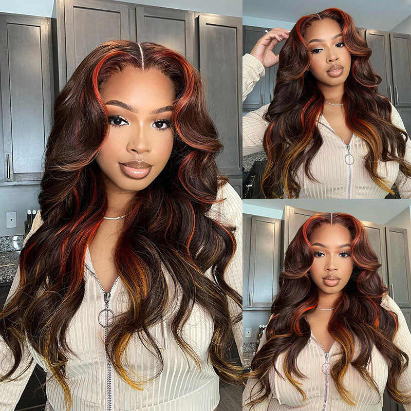 Eullair Brown & Orange Yellow Mixed Human Hair Lace Front Wig - Body Wave Glueless Wig for Women (EW009) | Perfect for Cosplay, Parties & Daily Wear