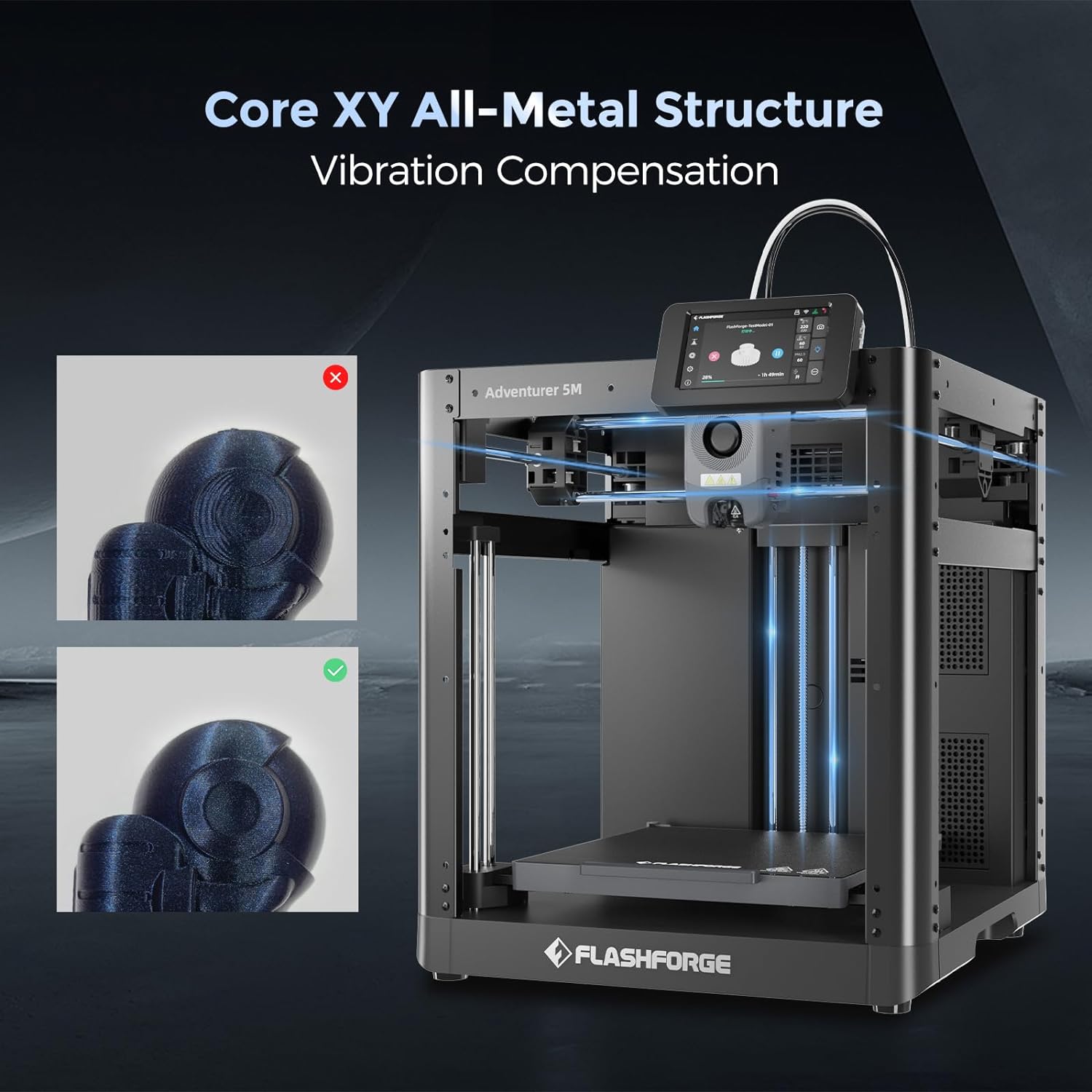 Flashforge Adventurer 5M 3D Printer - Auto Leveling, 600mm/s High Speed, 280°C Direct Extruder, 3S Detachable Nozzle, Core XY Metal Structure, 220x220x220mm Build Volume - Perfect for Home DIY, Prototyping & Educational Projects