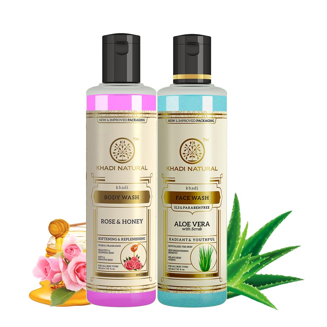 Khadi Natural Aloe Vera Face Wash with Scrub & Rose Honey Body Wash Set - 210ml Each | Paraben & SLS Free | Brightens Skin & Reduces Wrinkles | For Daily Skincare Routine & Spa-Like Experience at Home