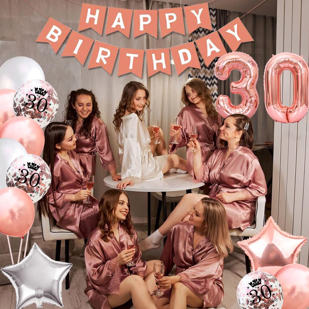 30th Birthday Party Decorations Set - Rose Gold Foil Balloons, Confetti Balloons, Bunting Banner, Tablecloth & Cake Topper - Perfect for Women's 30th Birthday Celebrations, Milestone Parties & Special Occasions