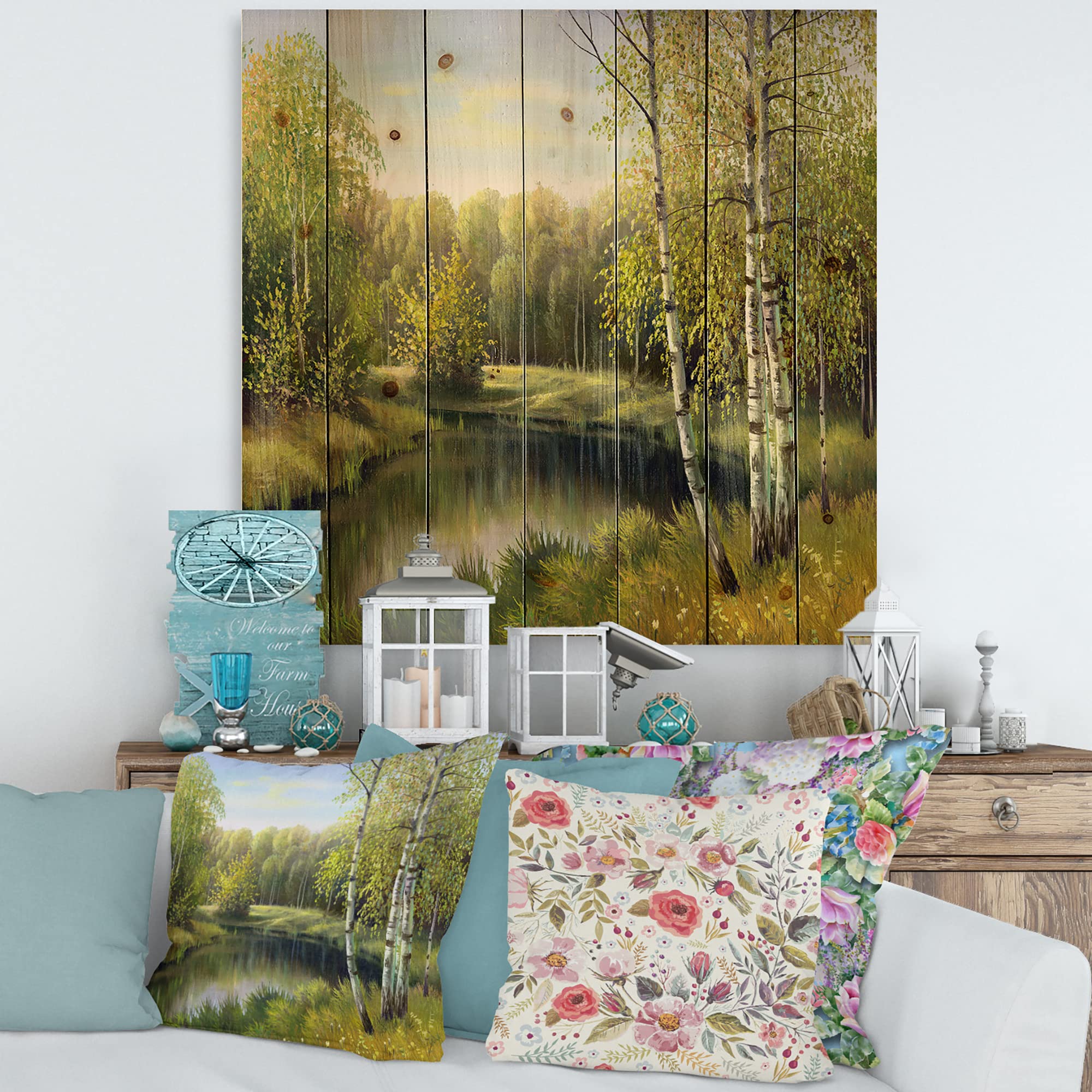 DesignQ Traditional Wood Wall Art - 'Birches By The River' Landscape Painting on Natural Pine Wood, Large Green Nature Wall Decor for Living Room, Bedroom & Office