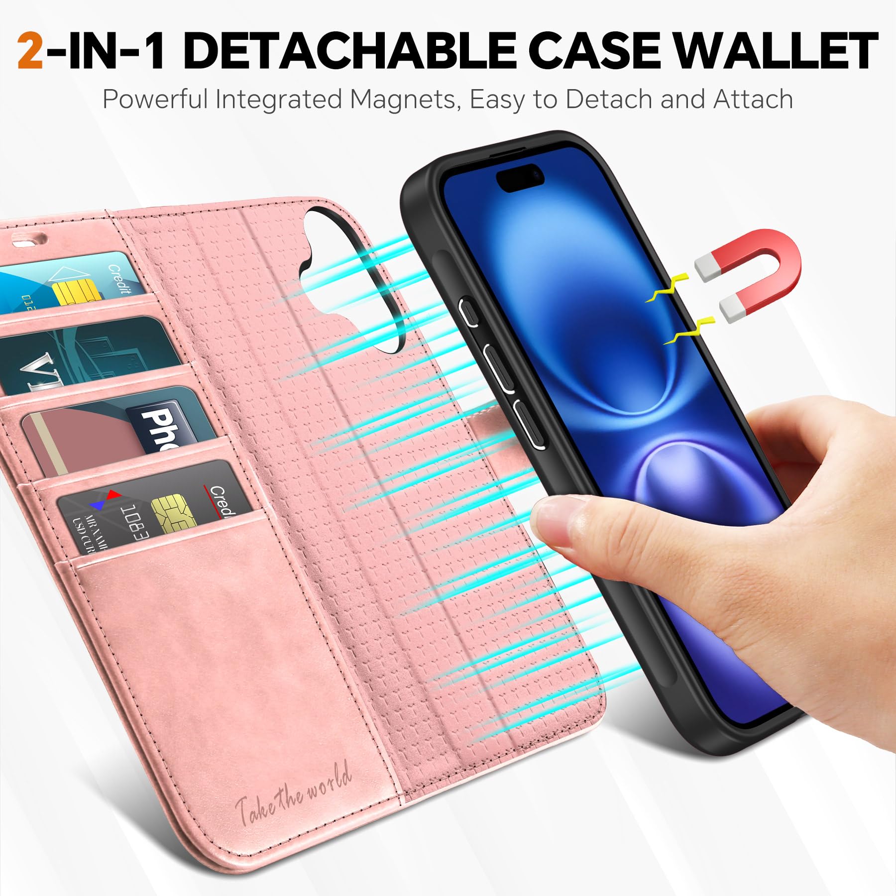 Premium TUCCH 2-in-1 Magnetic Wallet Case for iPhone 16 - Detachable PU Leather Folio with Wireless Charging, RFID Blocking & 4 Card Slots (Rose Gold) | Perfect for Work, Travel & Everyday Protection