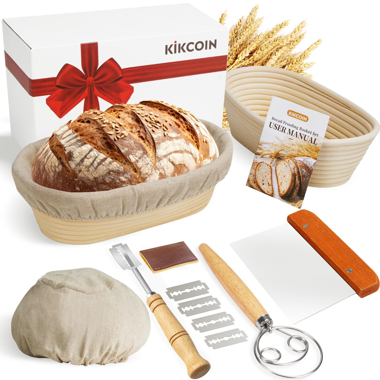KIKCOIN 10 Inch Oval Banneton Bread Proofing Basket Set of 2 - Sourdough Baking Supplies Kit with Bread Lame, Linen Liner, Dough Scraper & Whisk | Perfect for Artisan Bread Making, Home Baking & Professional Bakeries