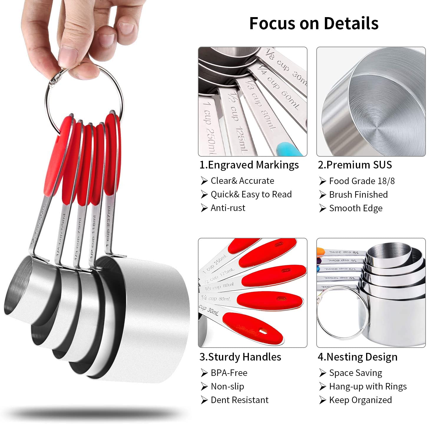 10-Piece Stainless Steel Measuring Spoons and Cups Set with BPA-Free Silicone Grips - Accurate Kitchen Measuring Tools for Cooking, Baking & Meal Prep - Dishwasher Safe, Red