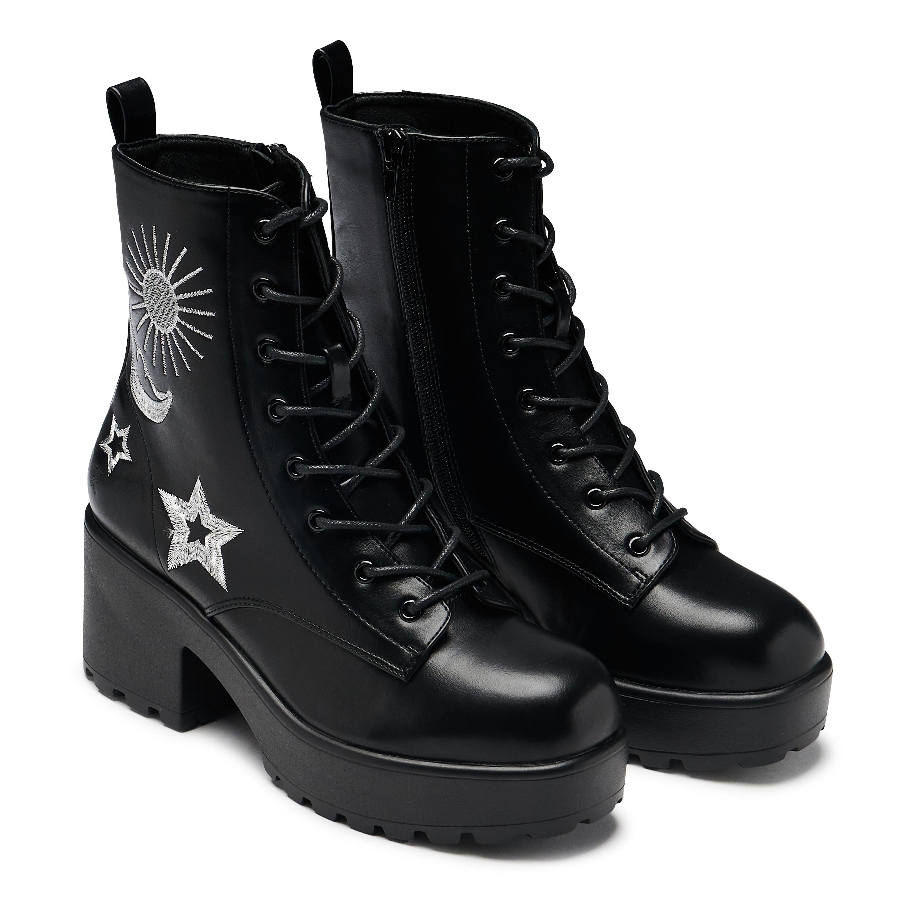 Astro Silver Star & Moon Chunky Boots for Women - Trendy Platform Ankle Boots with Celestial Design, Perfect for Fall Winter Fashion, Outdoor Adventures & Festival Outfits