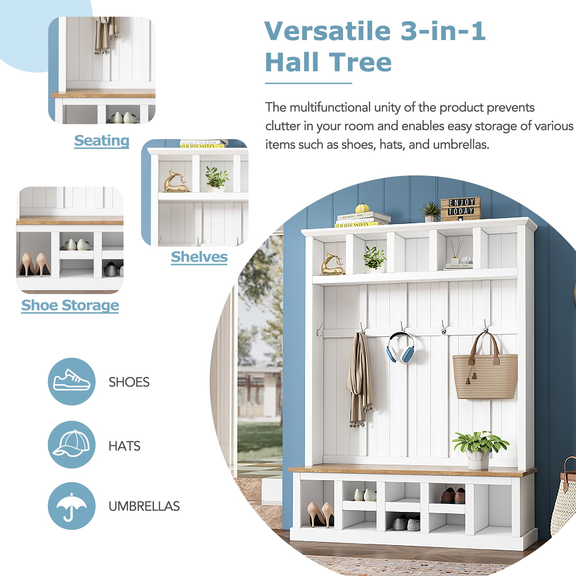 78''H Wide Entryway Hall Tree with Top Shelves, 6 Hooks & Storage Bench - White Shoe Cabinet with Cube Storage for Living Room, Mudroom & Hallway Organization | Perfect for Entryway Decor, Coat Hanging & Shoe Storage
