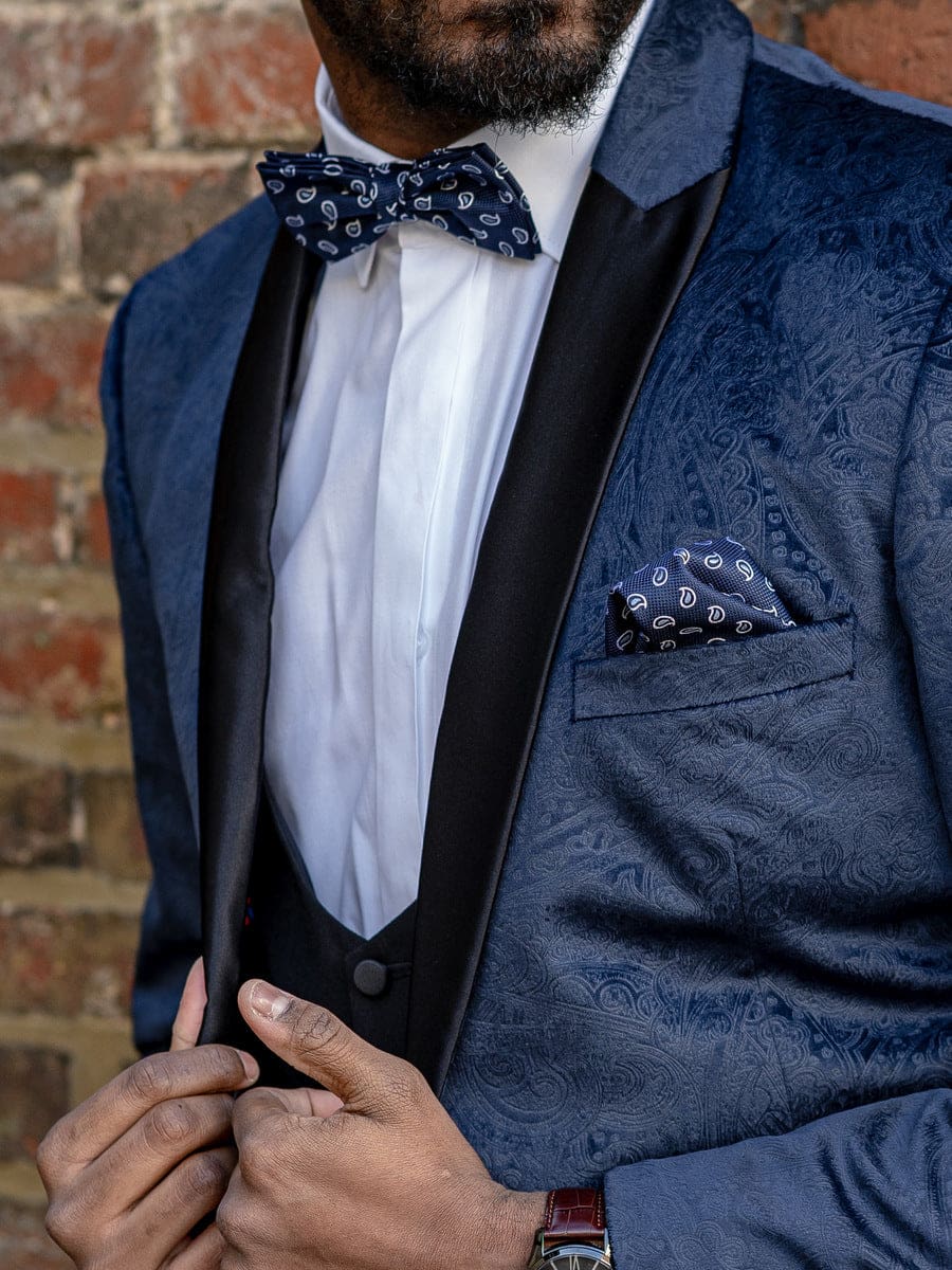 LA Smith Blue Silk Paisley Bow Tie & Pocket Square Set - Elegant Formal Wear for Weddings, Prom & Special Occasions