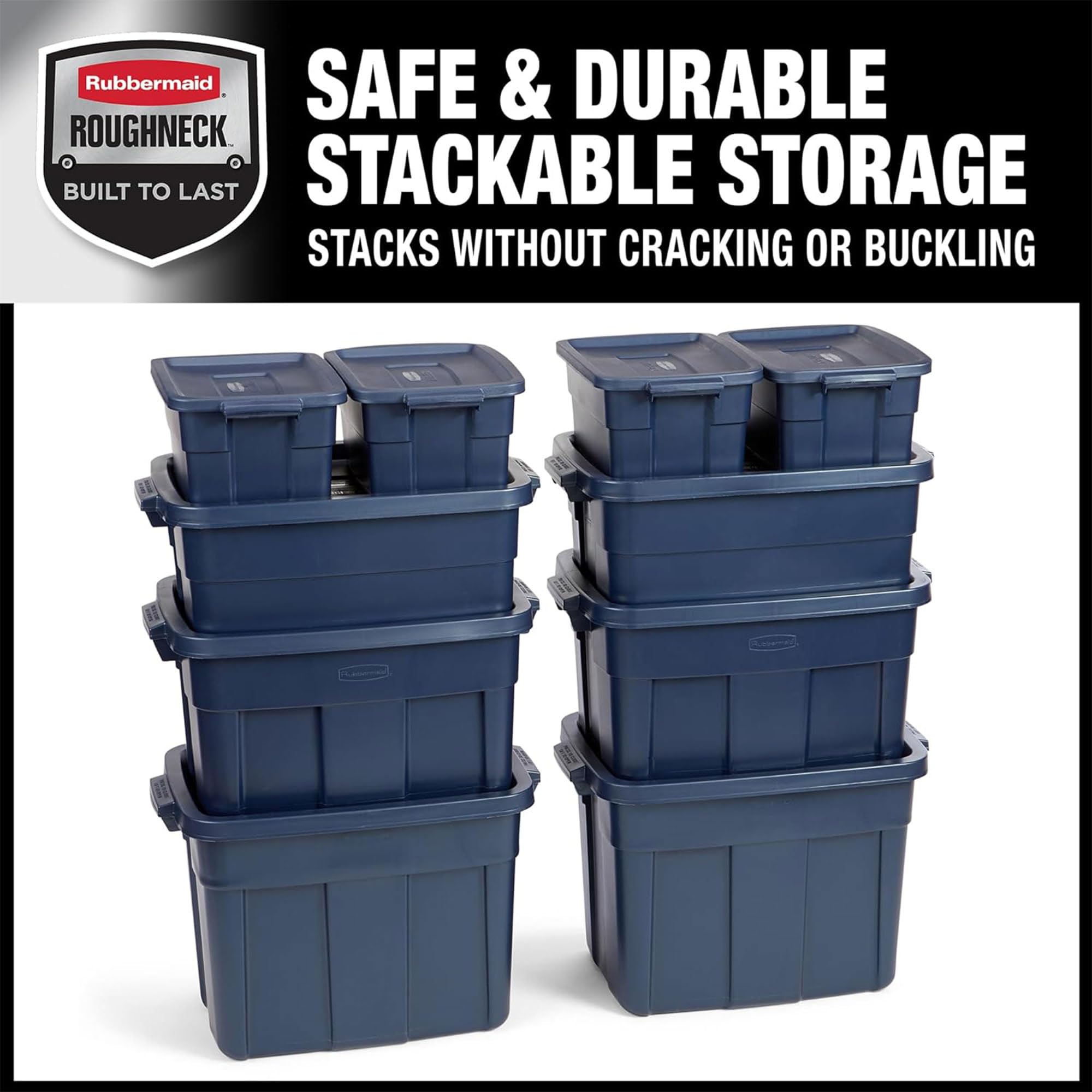 Rubbermaid Roughneck Heavy-Duty Storage Totes (10-Pack) - Stackable Plastic Bins with Lids & Handles, Made in USA - Dark Indigo Metallic for Home, Garage & Office Organization