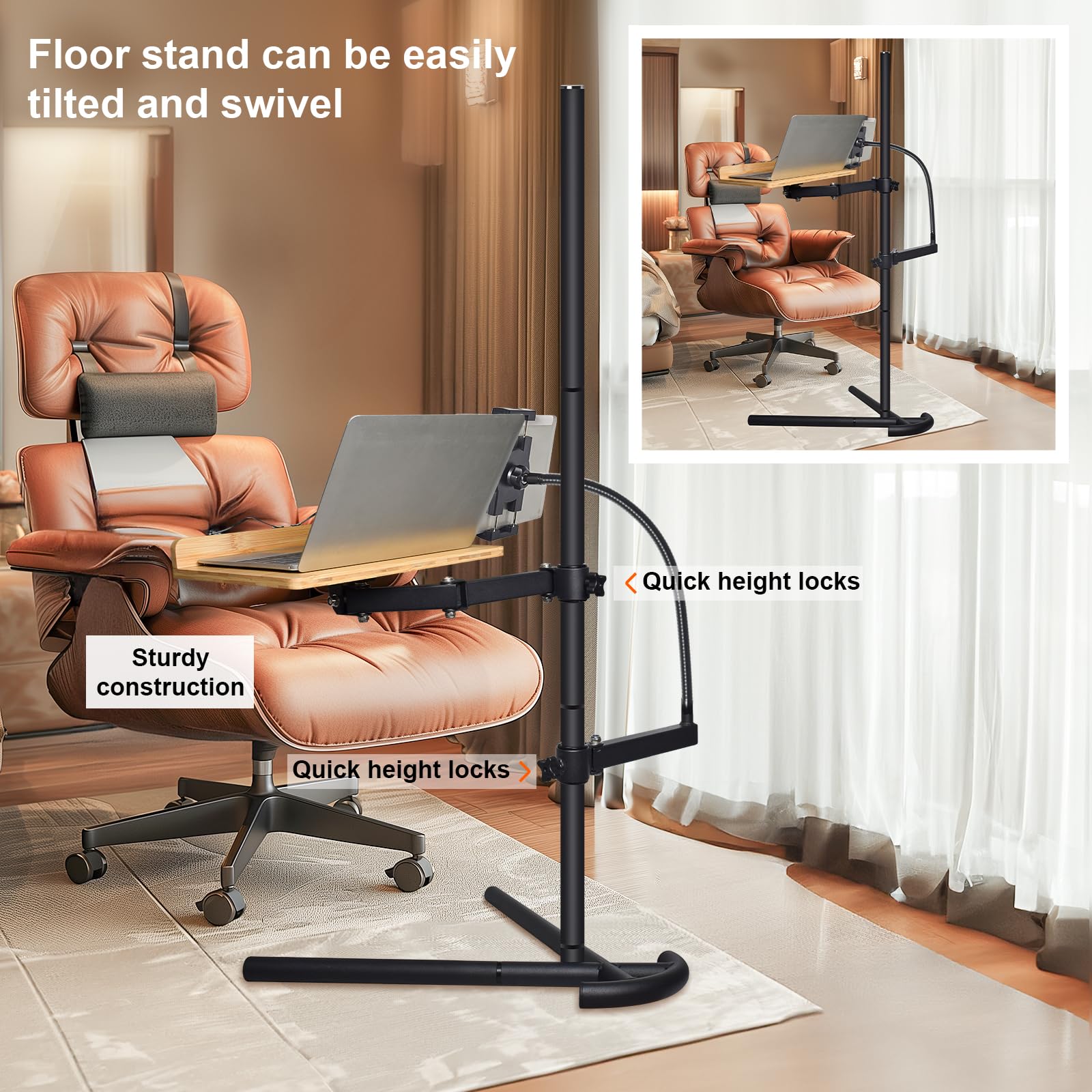 Adjustable Book Stand with Tablet Holder - Sturdy Metal Floor Stand for Reading in Bed - Perfect for Laptops, Tablets, Phones & Books - Ideal for Bedtime Reading, Studying & Hands-Free Viewing